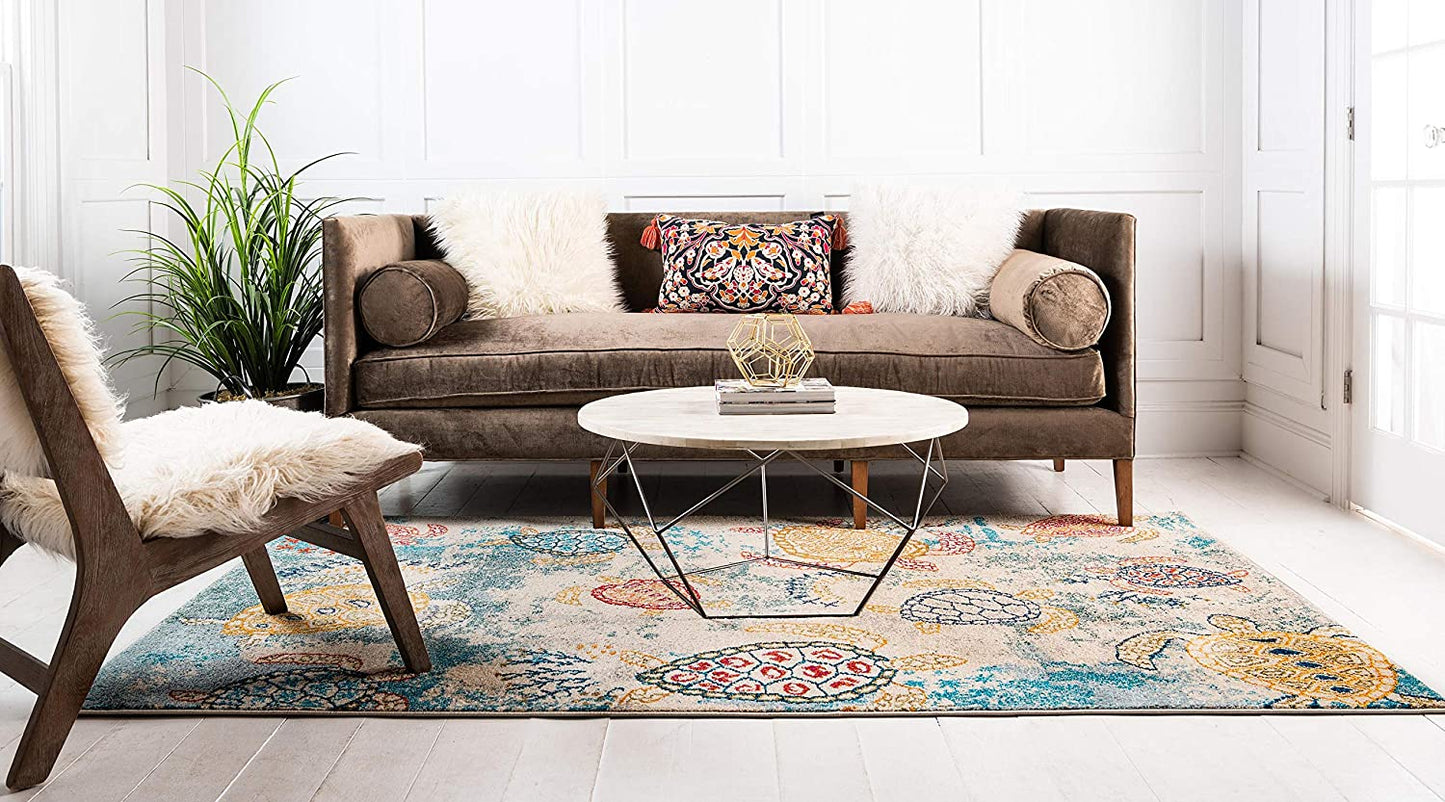 Coastal Modern Turtles Rug, Beige/Blue