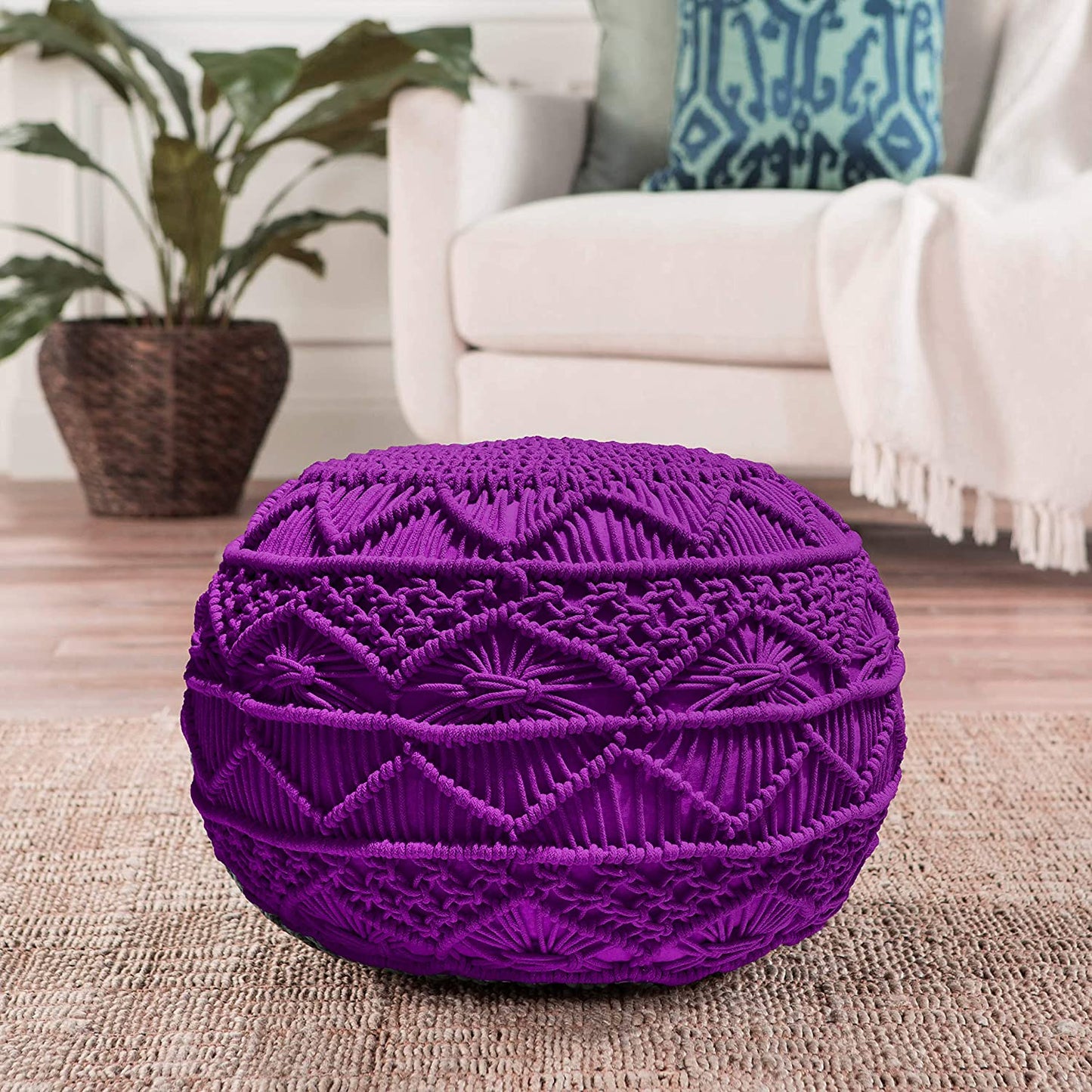 Ottoman Hand Knitted Cable Style Dori Pouf - Macramé Pouf - Cotton Braid Cord
