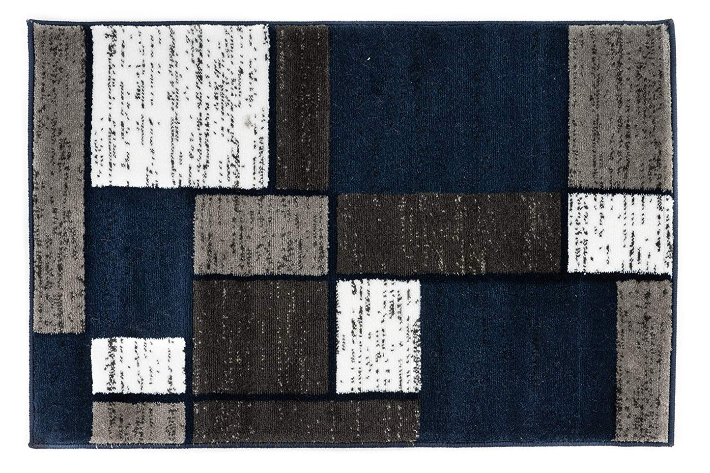 Box Pattern Navy Grey White Soft Area Rug