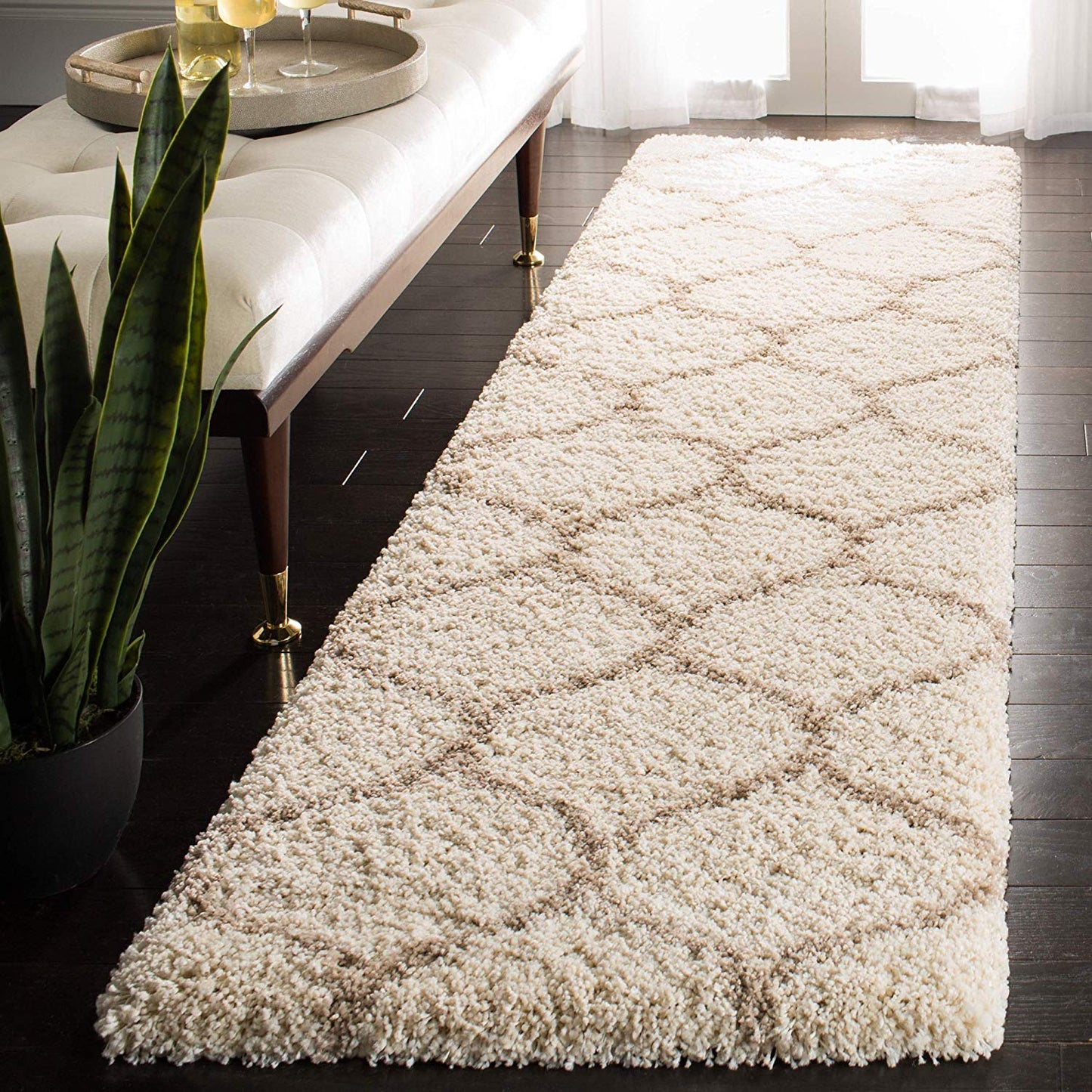 Moroccan Pattern Ivory Beige Plush Shag Area Rug