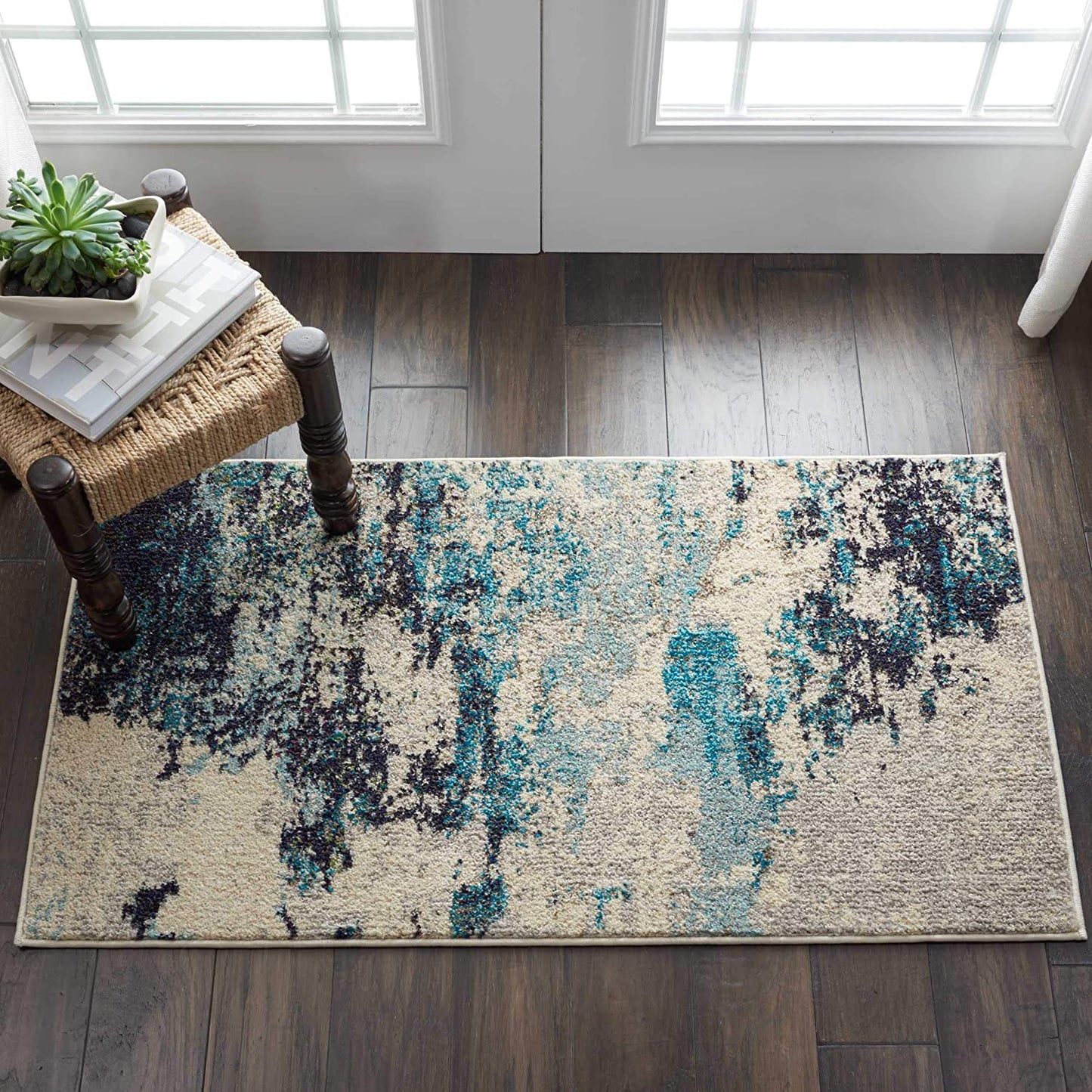 Modern Abstract Area Rug,  Ivory/Teal Blue