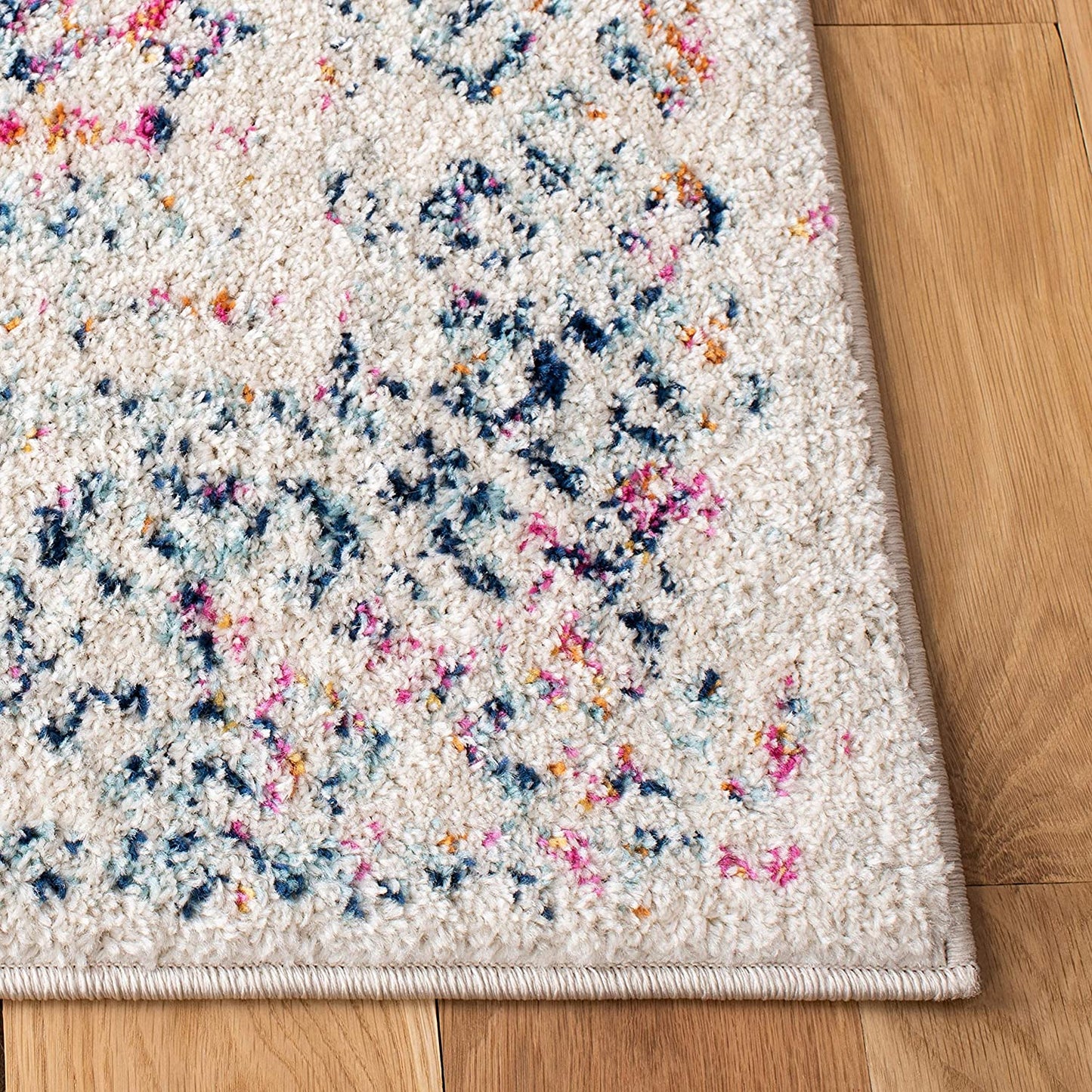 Moroccan Boho Distressed Ivory / Dark Blue Soft Area Rug