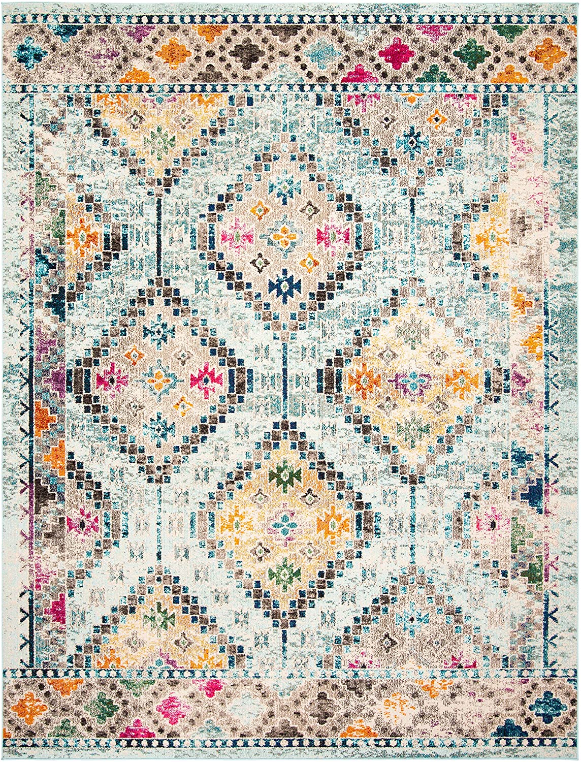 Boho Diamond Distressed Area Rug, Blue/Yellow
