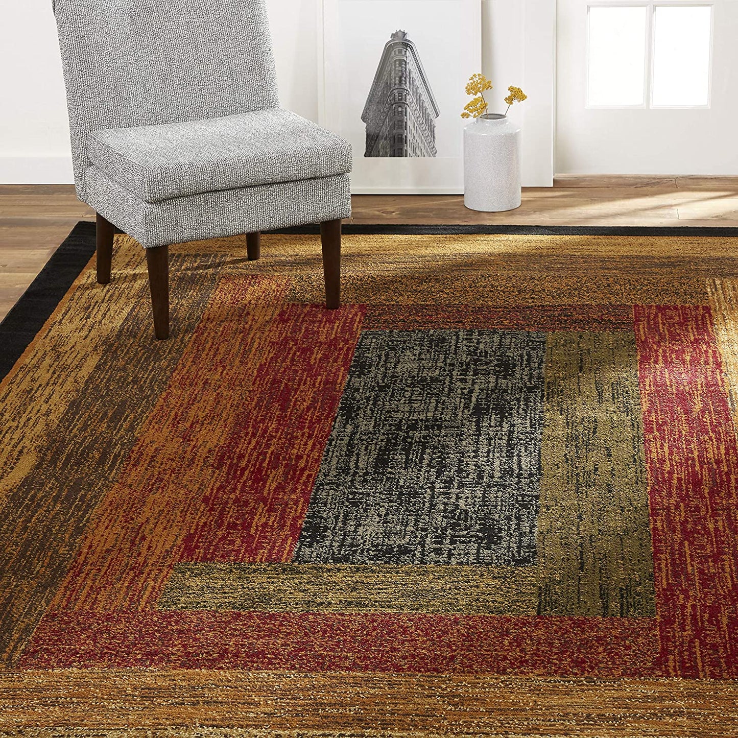 Geometric Bordered Black Brown Red Soft Area Rugs - Multiple Sizes