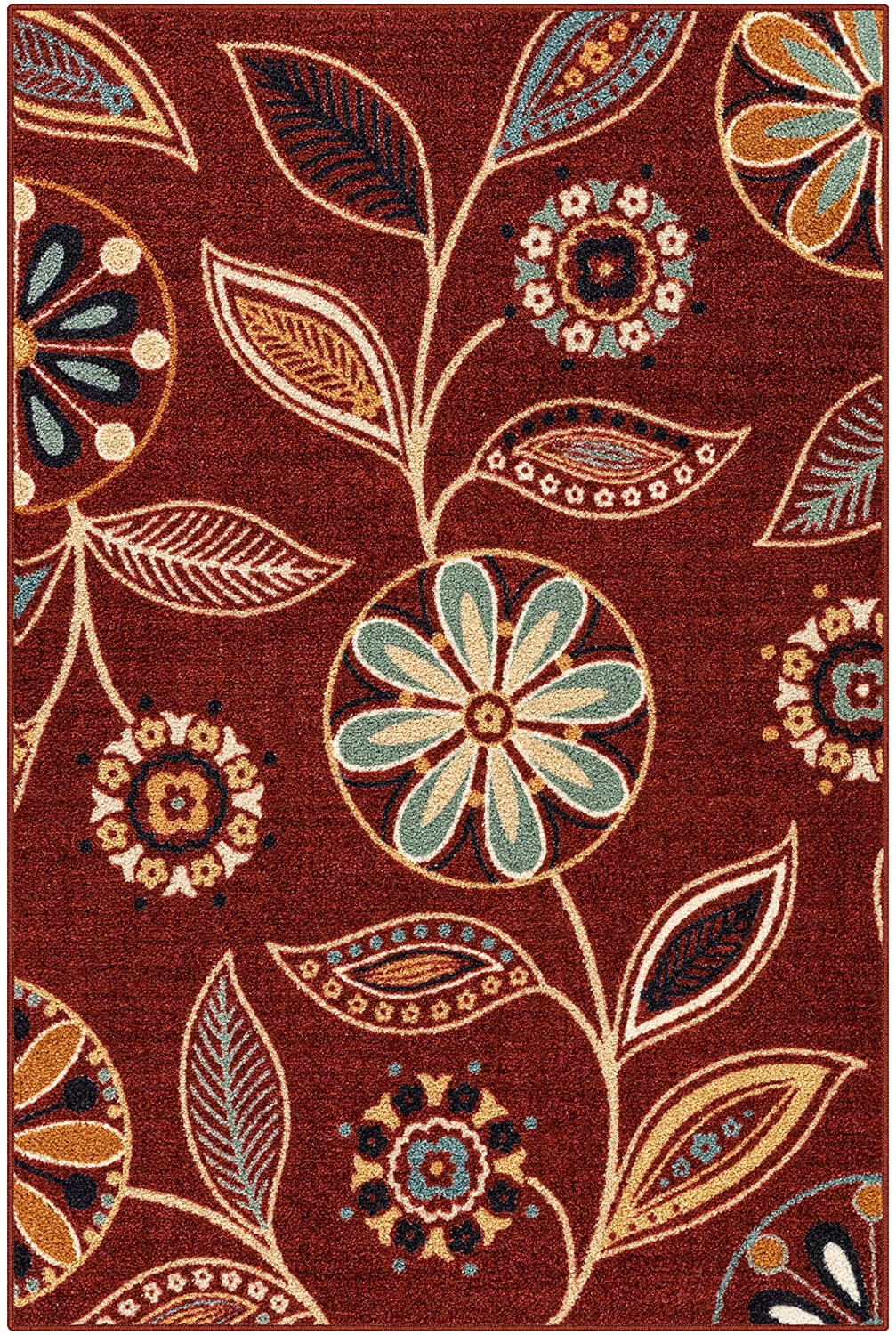 Maples Floral Non Skid Washable Merlot Multi Area Rug