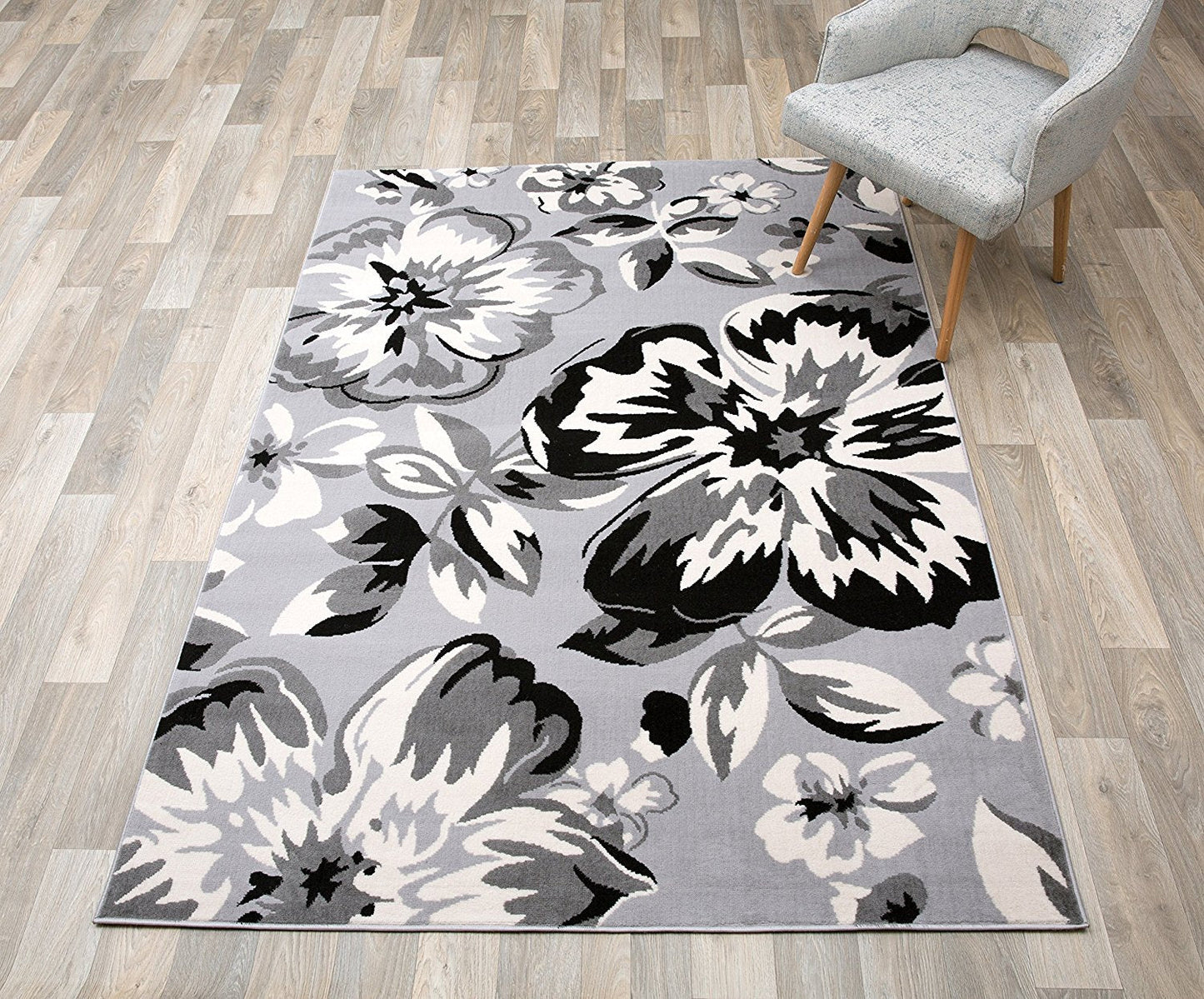 Gray/Grey Black White Floral Area Rugs