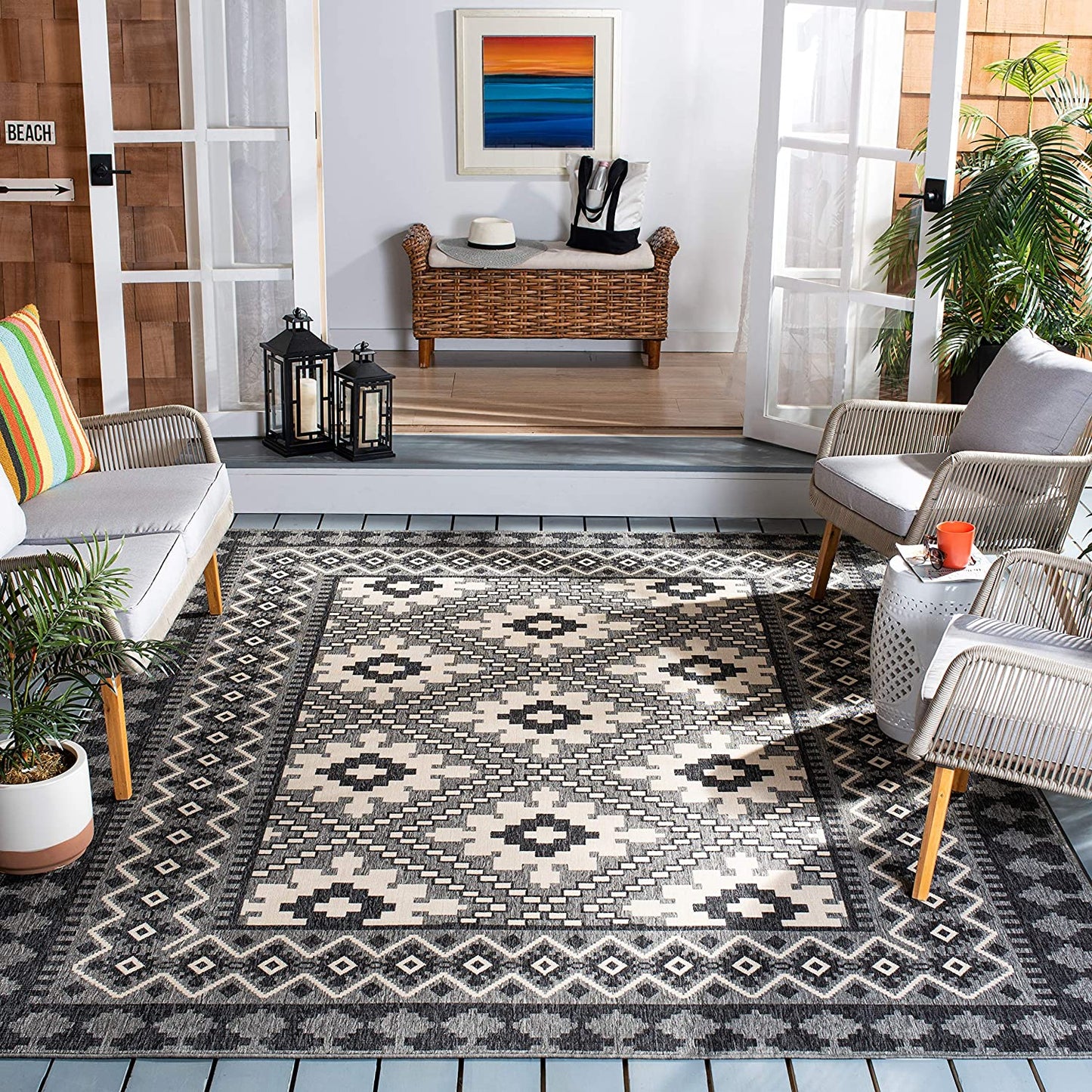 Boho Indoor/ Outdoor Patio Backyard Area Rug, Ivory / Charcoal