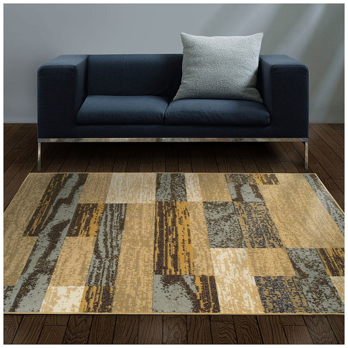 Geometric Brick Design Light Blue Beige Area Rug