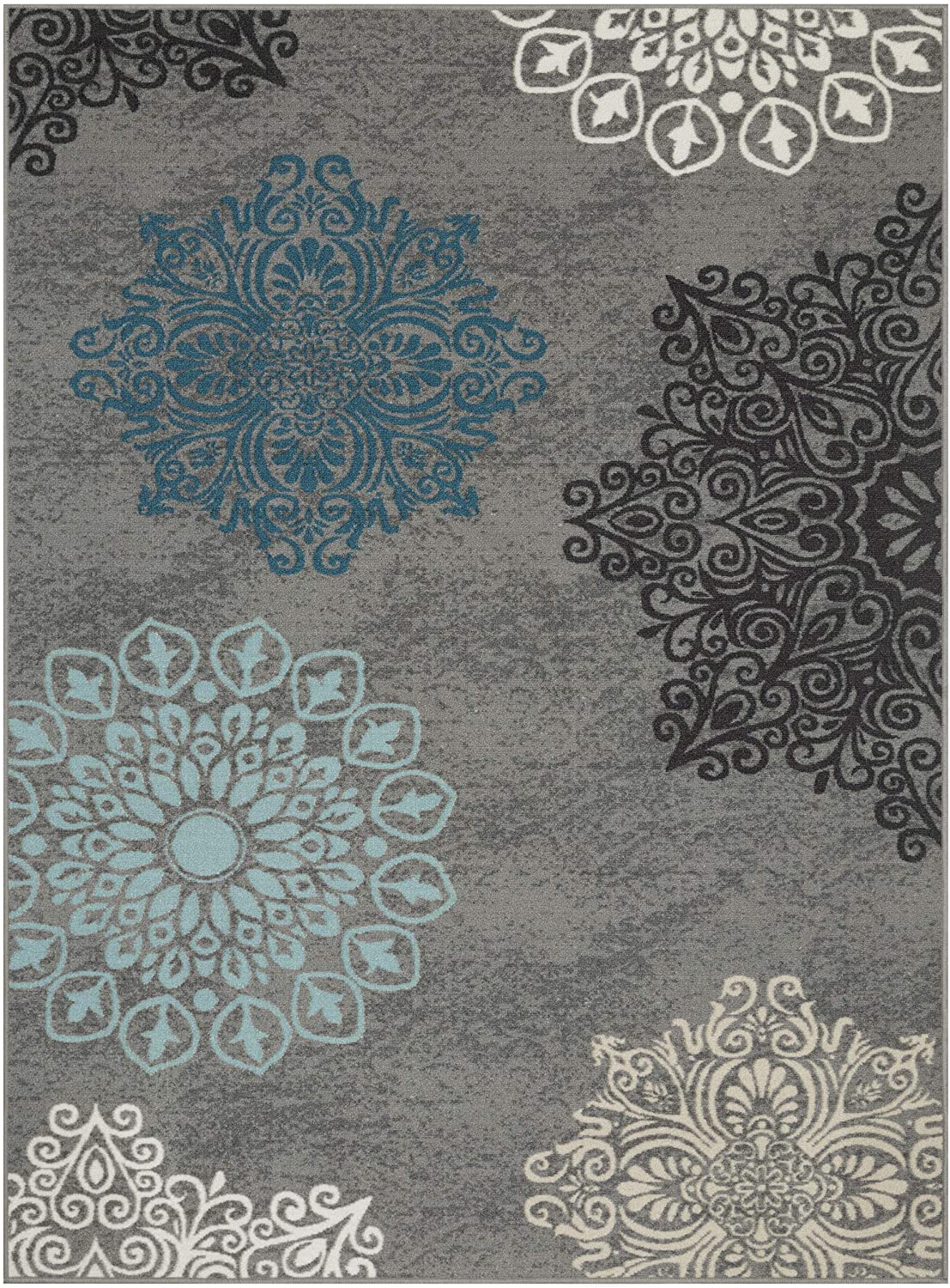 Modern Floral Non-Skid (Non-Slip) Low Profile Pile Rubber Backing Indoor Area Rugs Gray