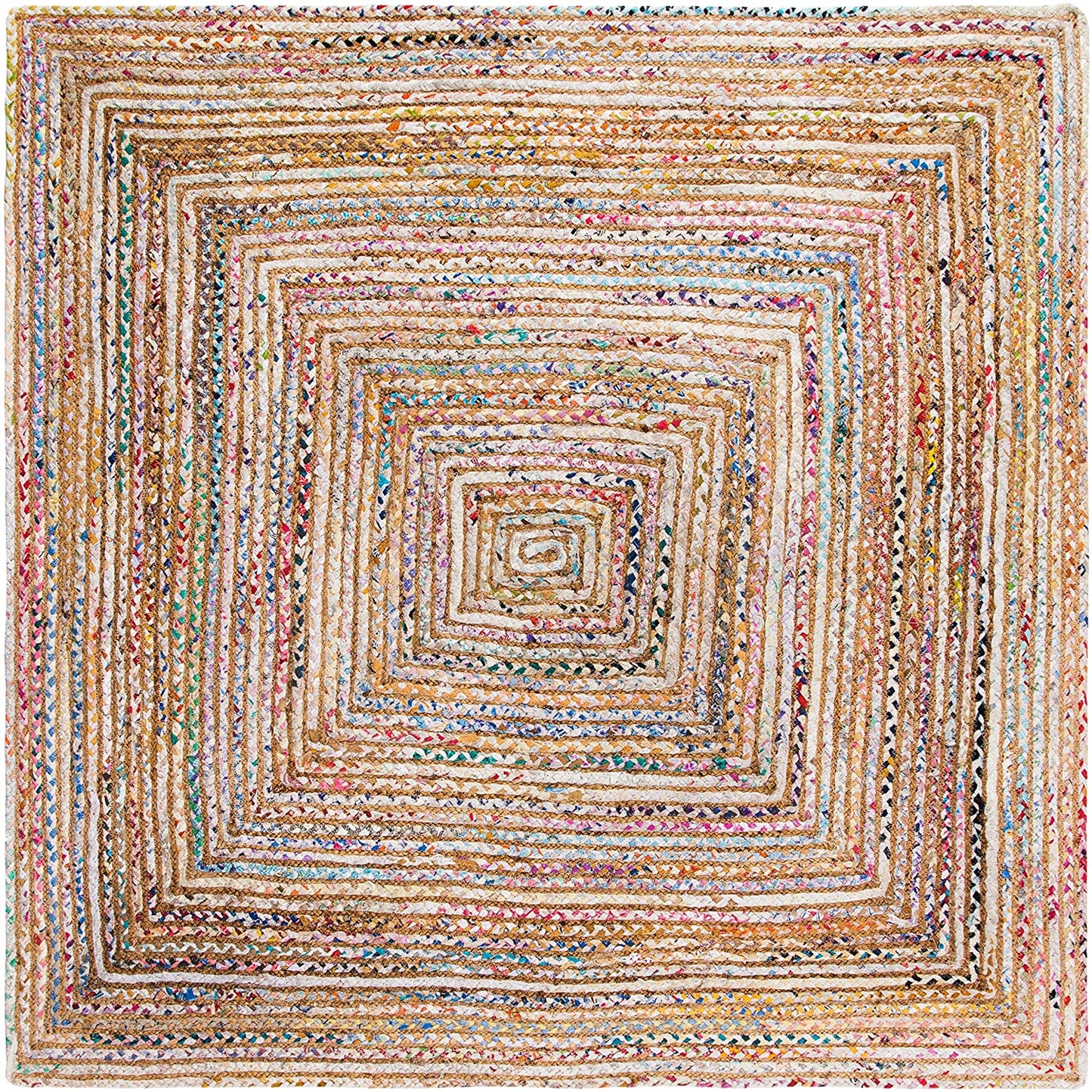 Handmade Boho Braided Jute Cotton Area Rug, Beige / Multi