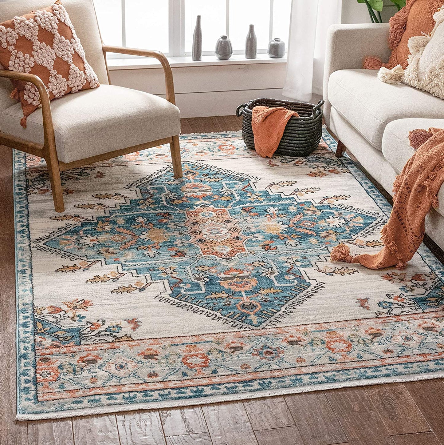 Estin Multi Blue Ivory Vintage Distressed Boho Soft Area Rug