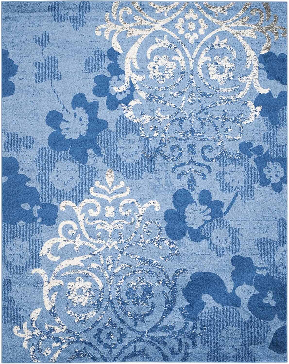 Light Blue and Dark Blue Contemporary Chic Damask Soft Area Rug