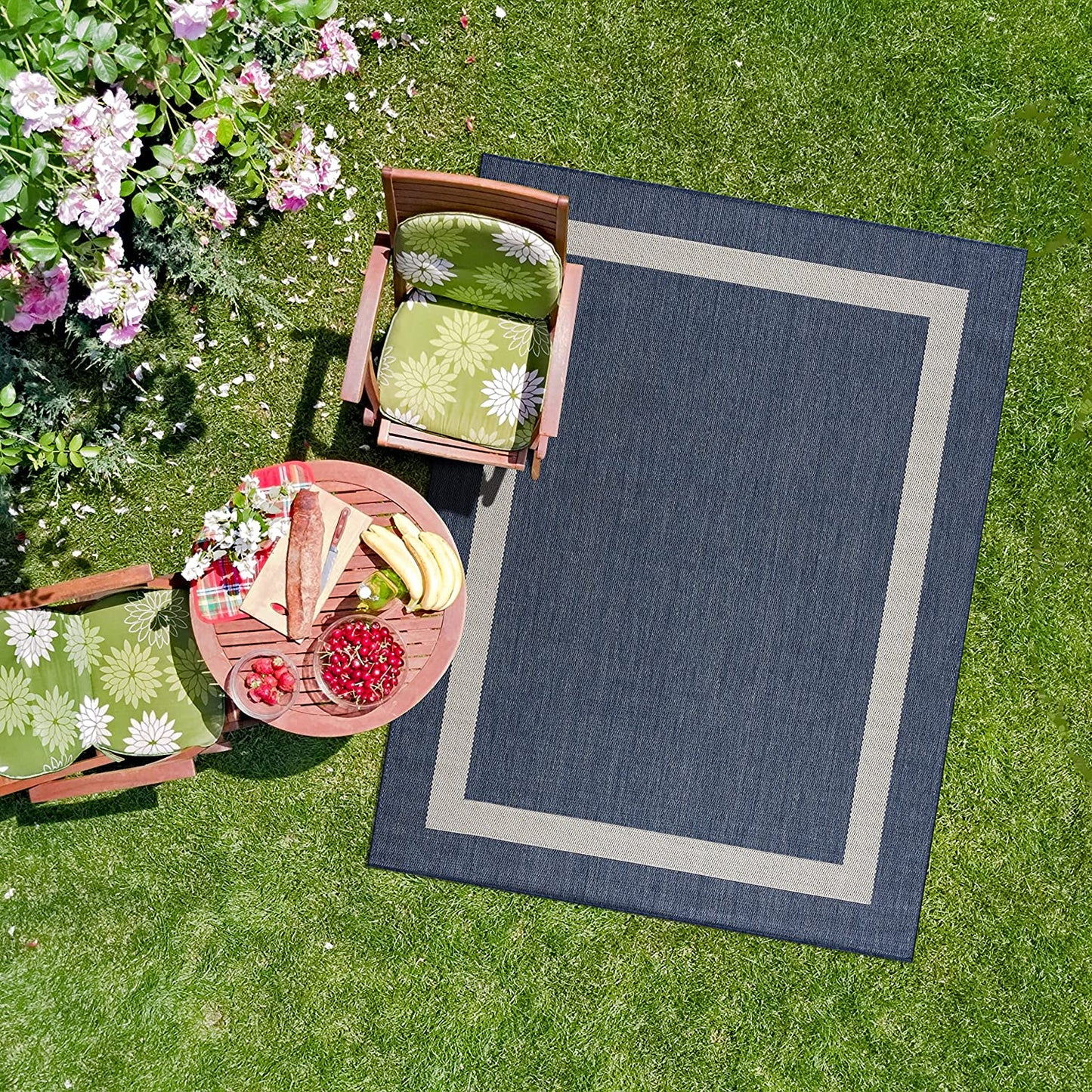 Modern Area Rugs for Indoor/ Outdoor Bordered - Blue / White