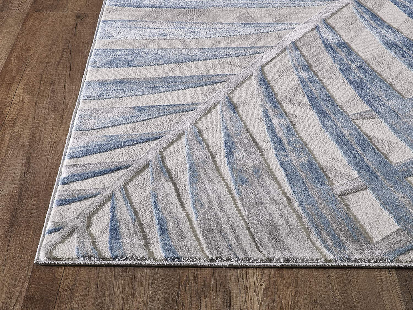 Blue Grey & Beige Floral Palm Leaf Pattern Modern Eclectic Rug