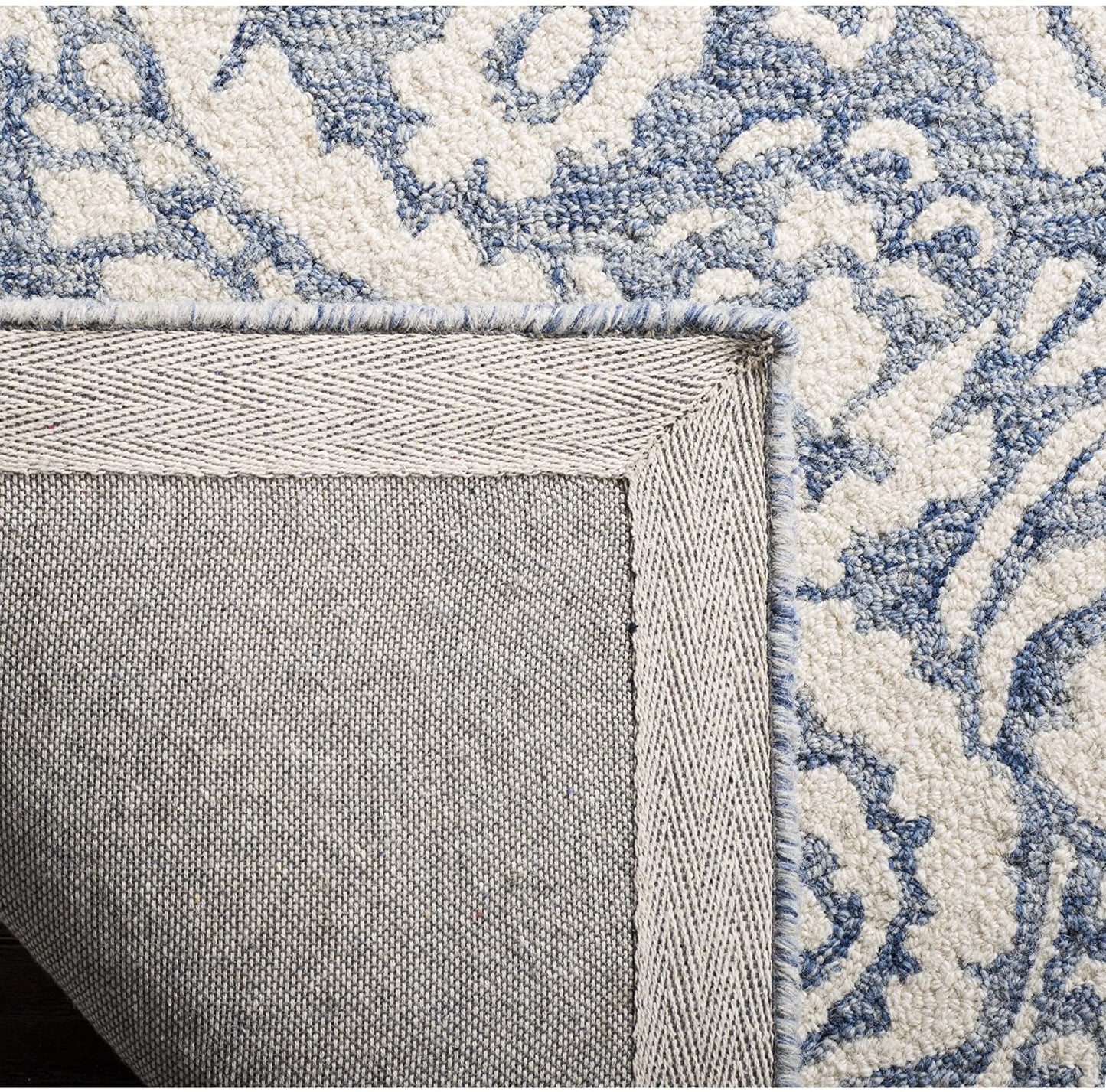 Damask Handmade Premium Wool Area Rug, Blue / Ivory