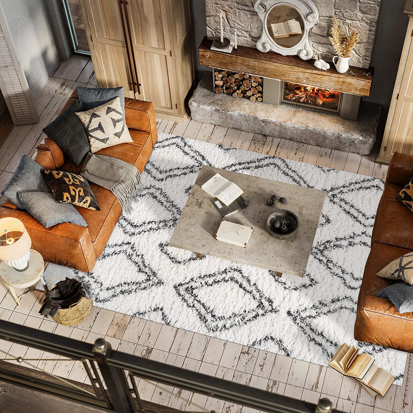 Beni Moroccan Style Diamond Shag Ivory/Dark Gray Soft Area Rug