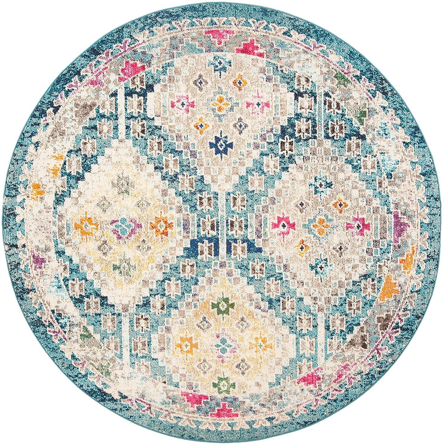 Boho Diamond Distressed Area Rug, Dark Blue/Yellow
