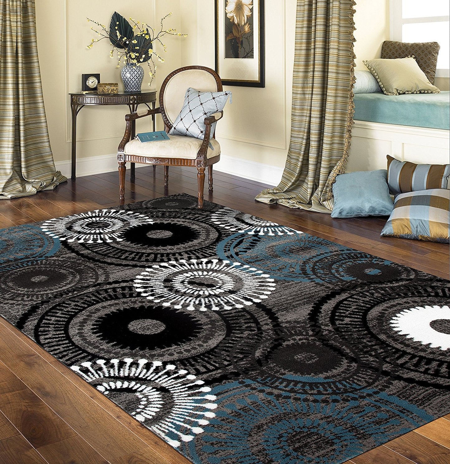 Contemporary Circles Gray/Grey Blue White Black Area Rug