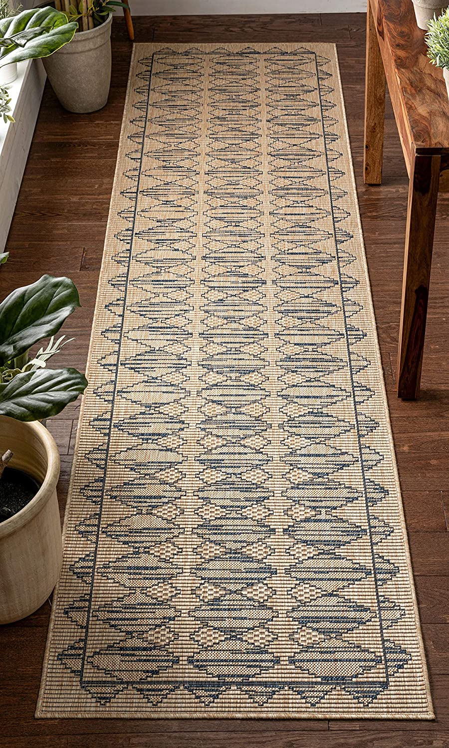 Beige Blue Indoor/Outdoor Flat Weave Pile Nordic Diamond Pattern Area Rug
