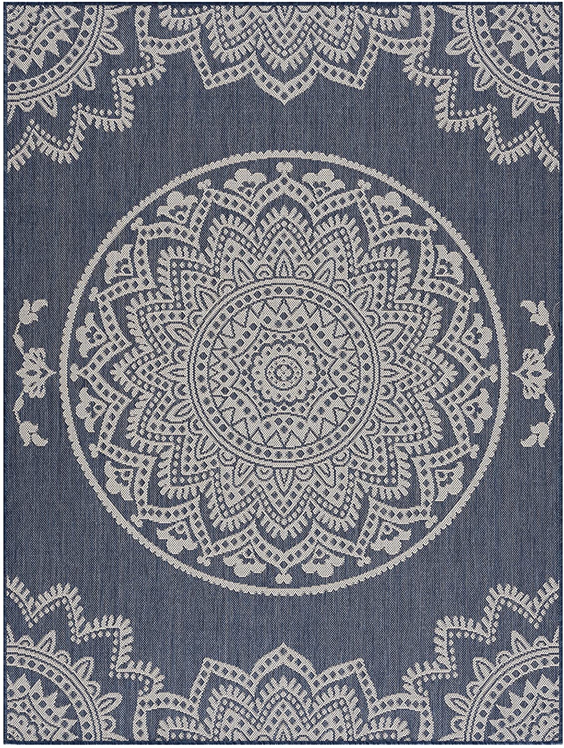 Modern Area Rugs for Indoor Outdoor Medallion - Blue / White