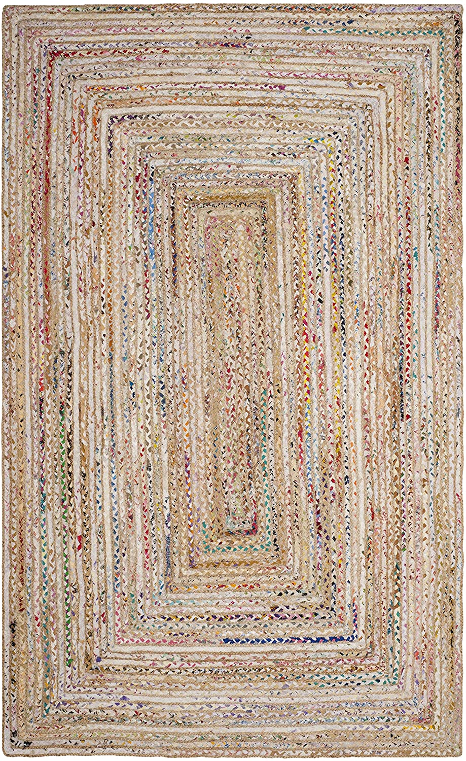 Handmade Boho Braided Jute Cotton Area Rug, Beige / Multi