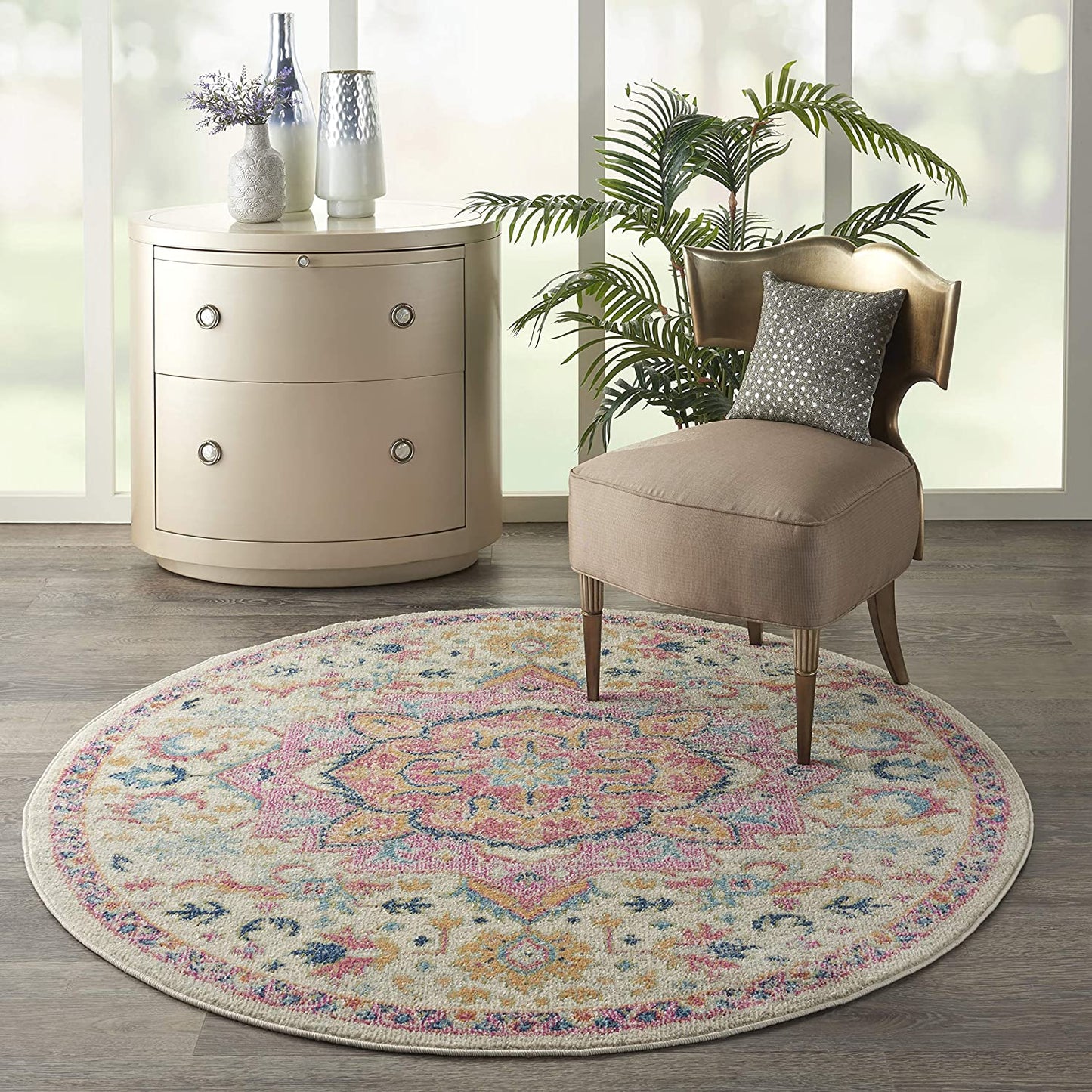 Floral Medallion Passion Bordered Ivory/Pink Area Rug
