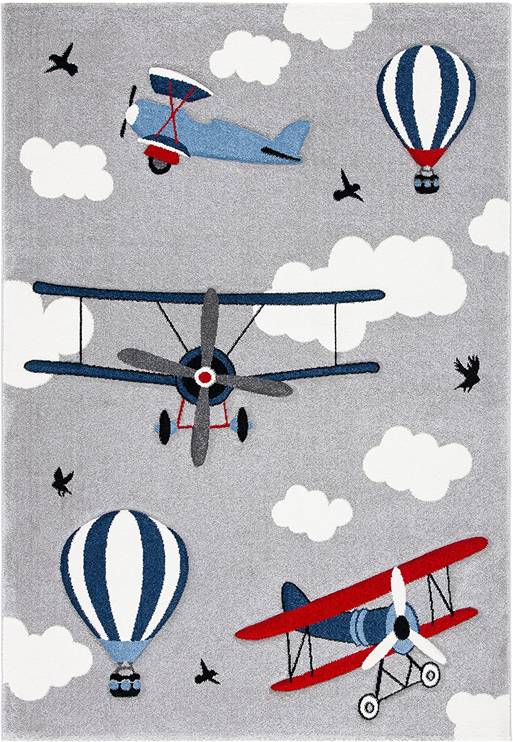 Carousel Kids Collection Airplane Hot Air Balloon Non-Shedding Area Rug Light Grey/Red