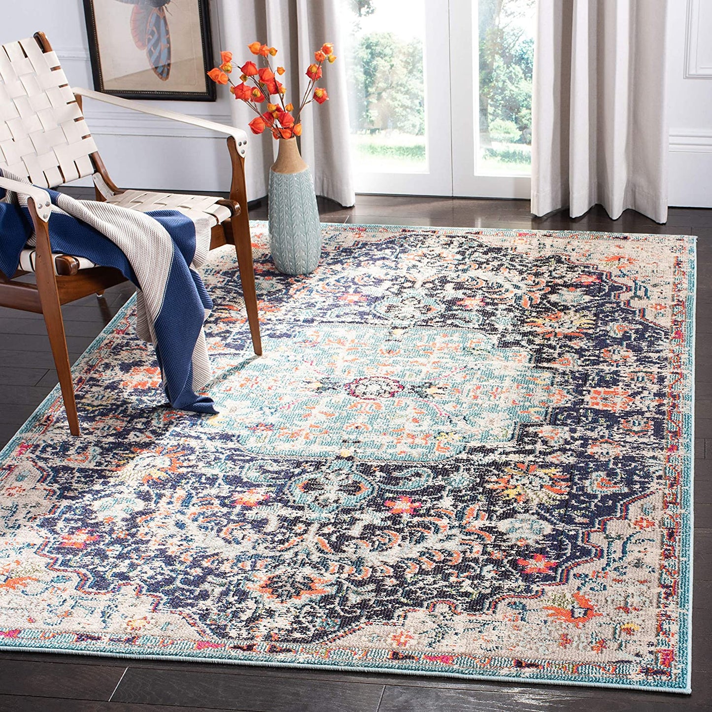 Boho Chic Vintage Medallion Distressed Area Rug Black/Teal