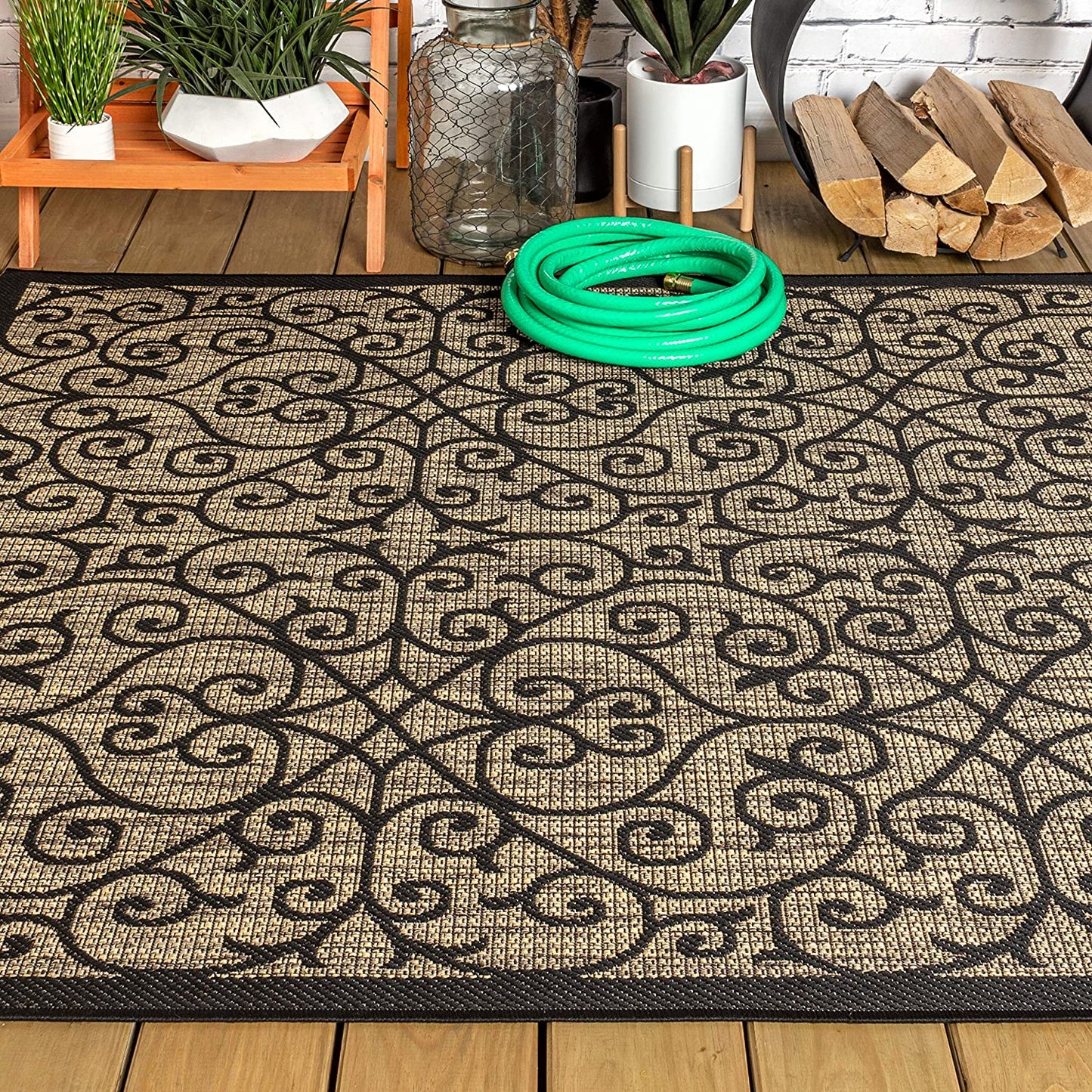 Madrid Vintage Filigree Textured Weave Indoor/Outdoor Black/Khaki Area Rug