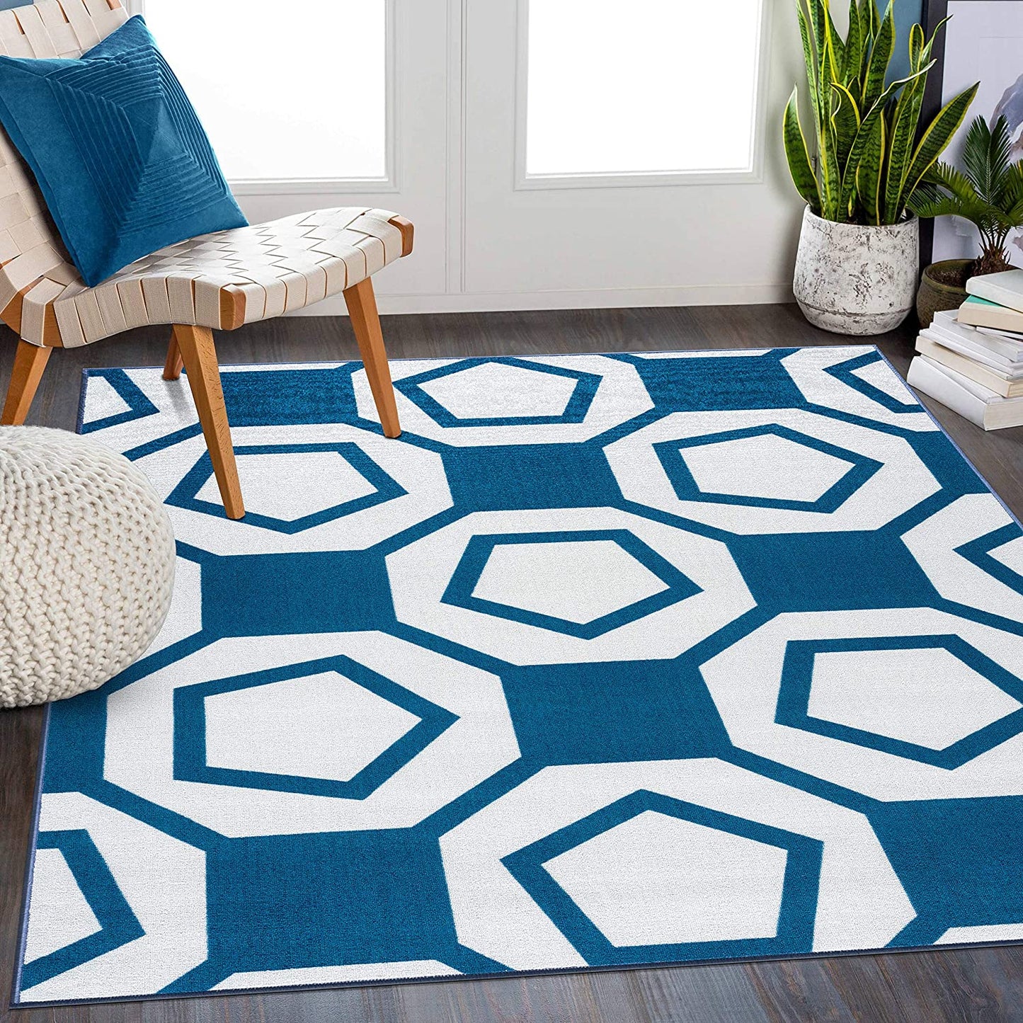 Modern Geometric Stripe Area Rug - Non Slip Blue