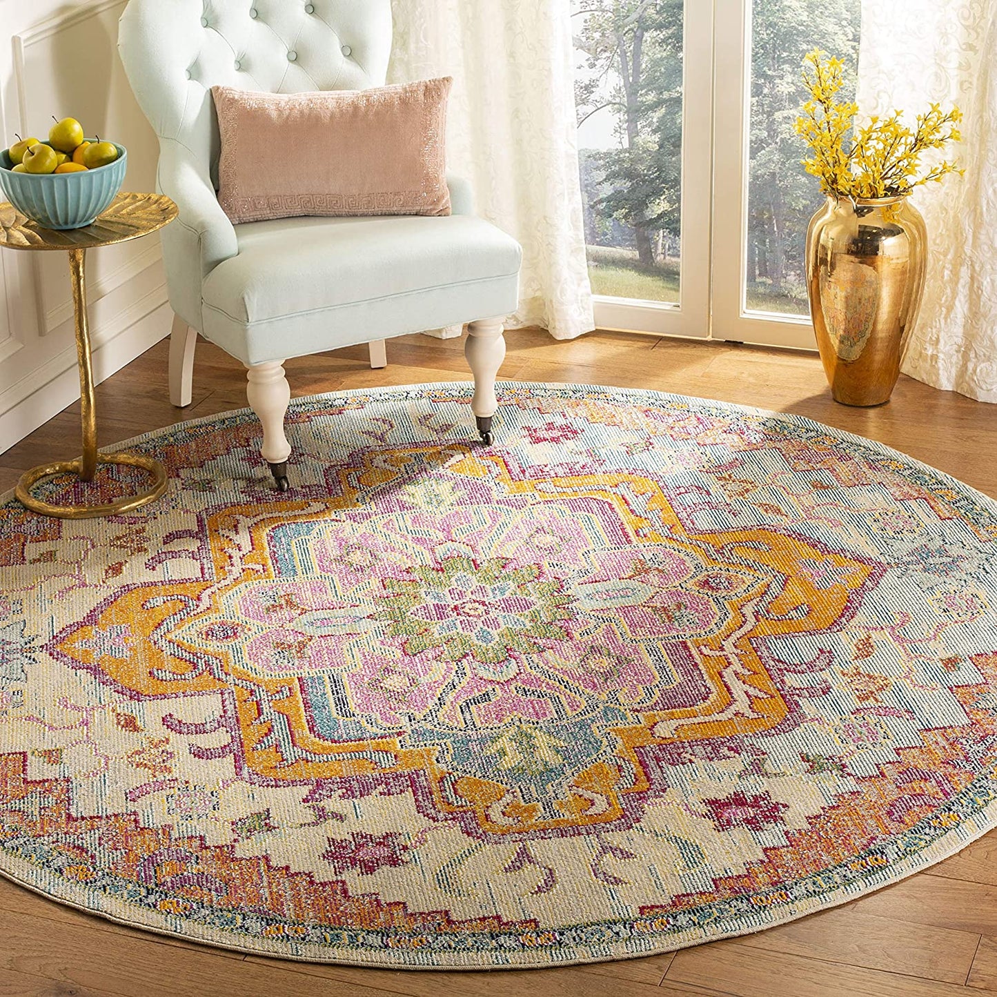 Medallion Distressed Soft Area Rug, Light Blue / Fuchsia