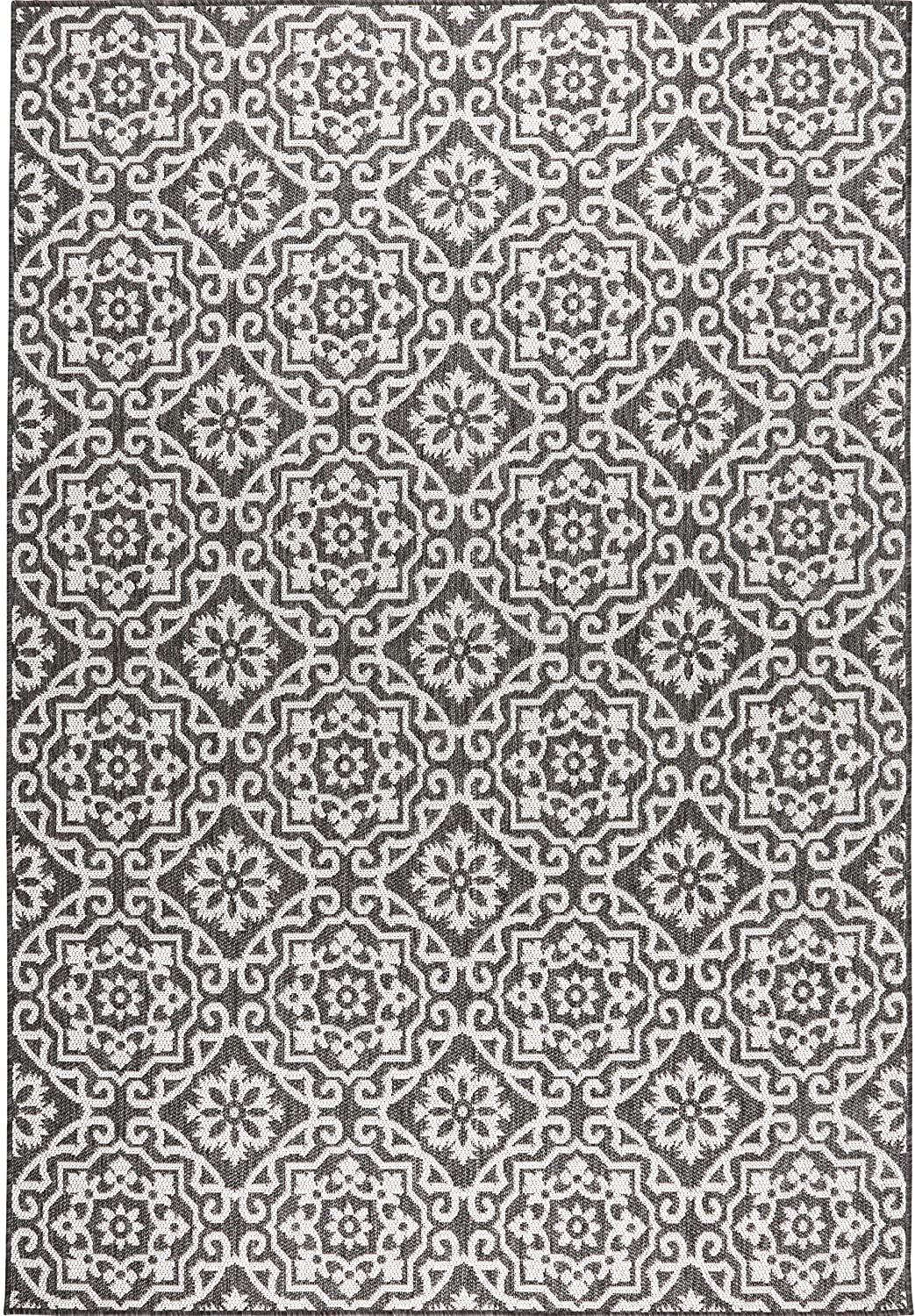 Damask Pattern Black Grey Indoor/Outdoor Area Rug - UV/Weather Resistant