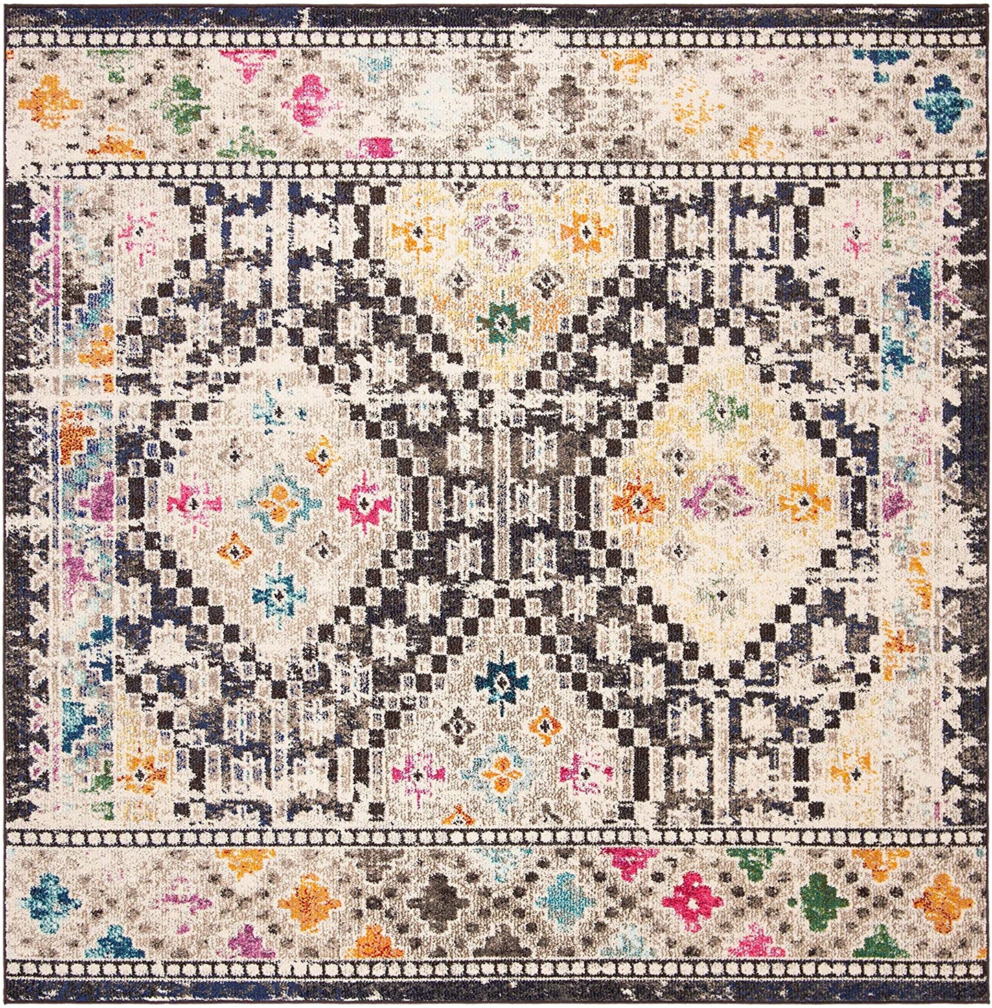 Boho Diamond Distressed Area Rug, Black / Yellow