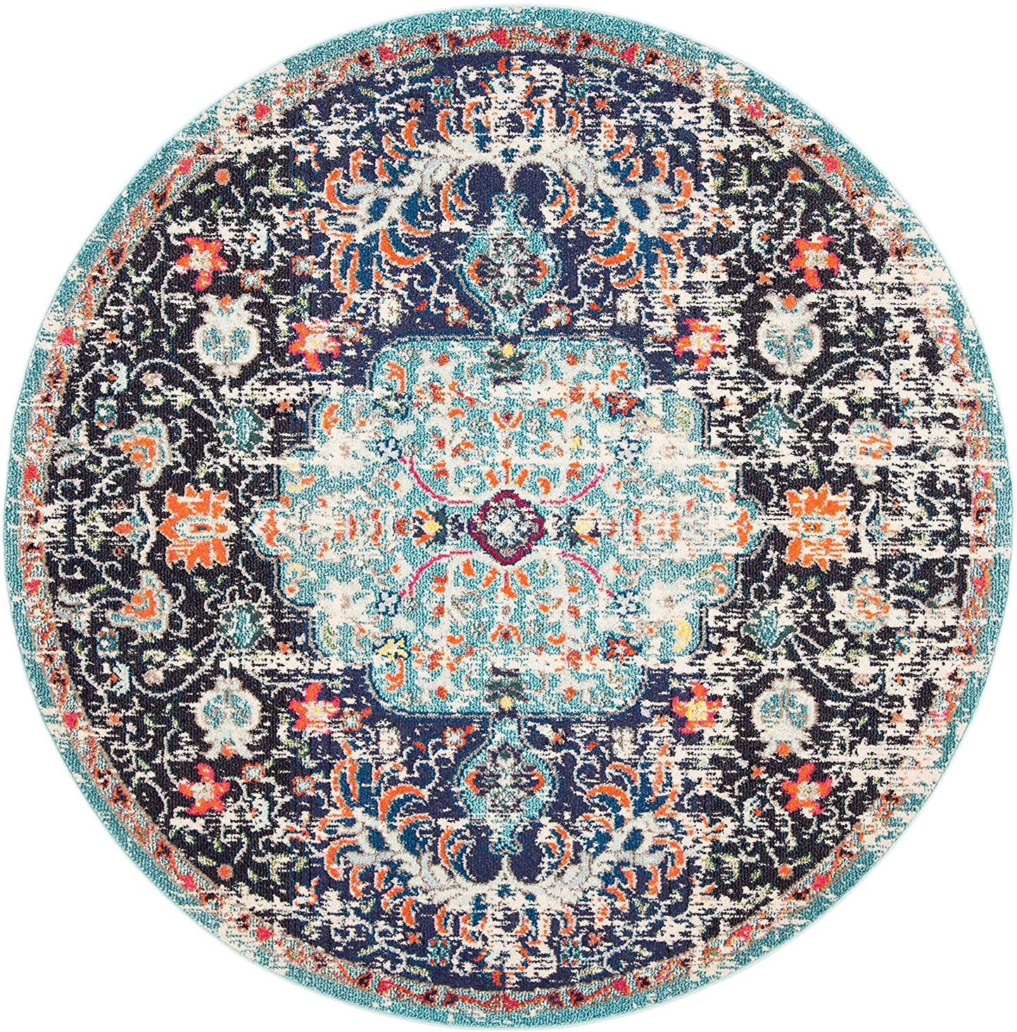 Madison Collection Boho Chic Medallion Distress Area Rug Black / Teal