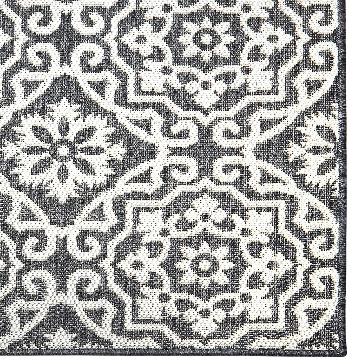 Damask Pattern Black Grey Indoor/Outdoor Area Rug - UV/Weather Resistant