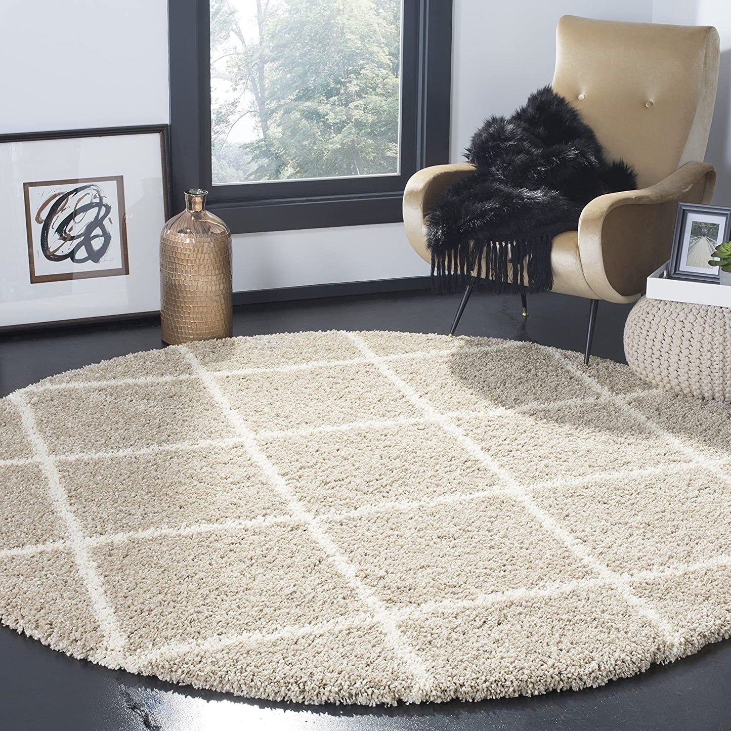 Diamond Trellis Beige/Ivory Soft Plush Shag Area Rug 2-inch Thick