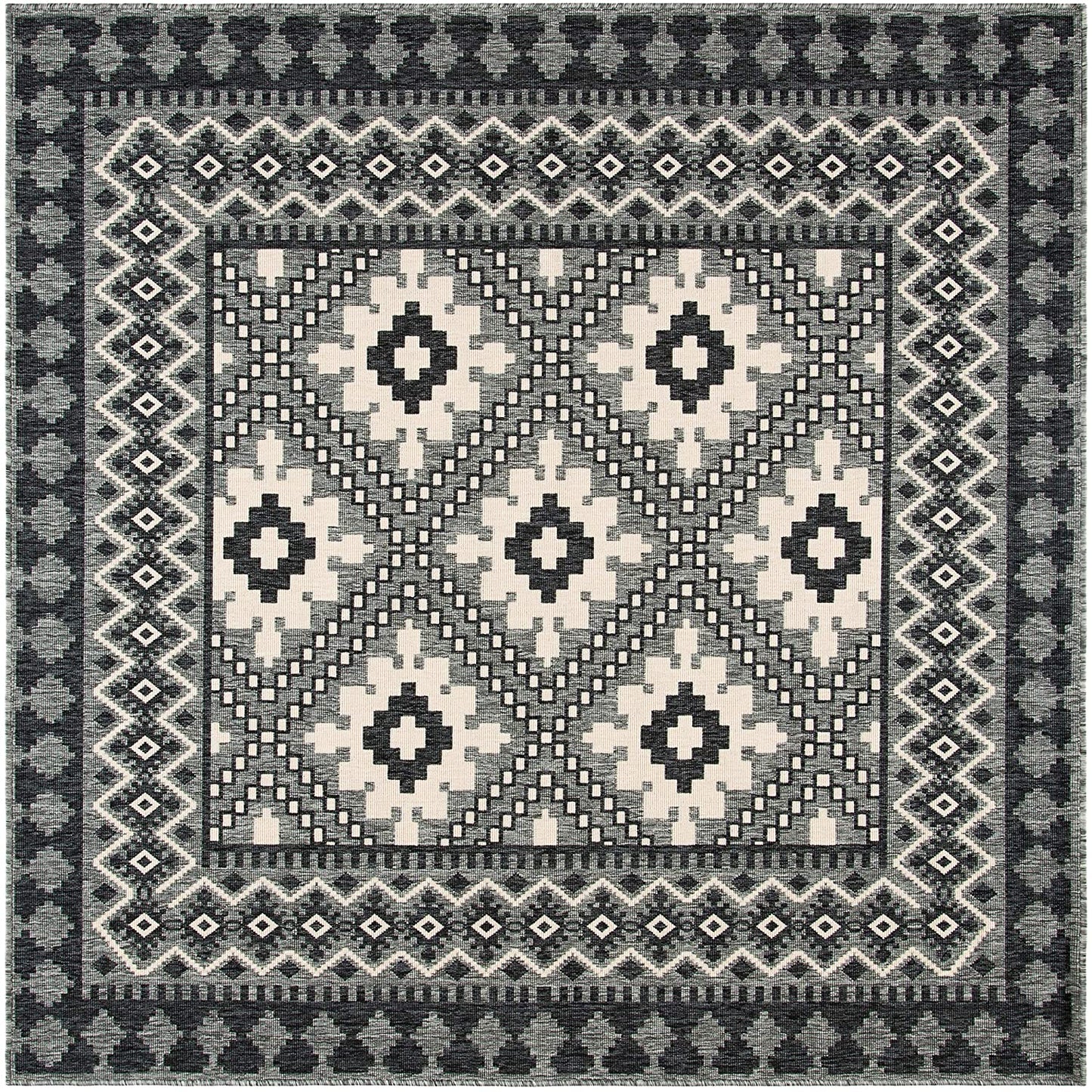 Boho Indoor/ Outdoor Patio Backyard Area Rug, Ivory / Charcoal