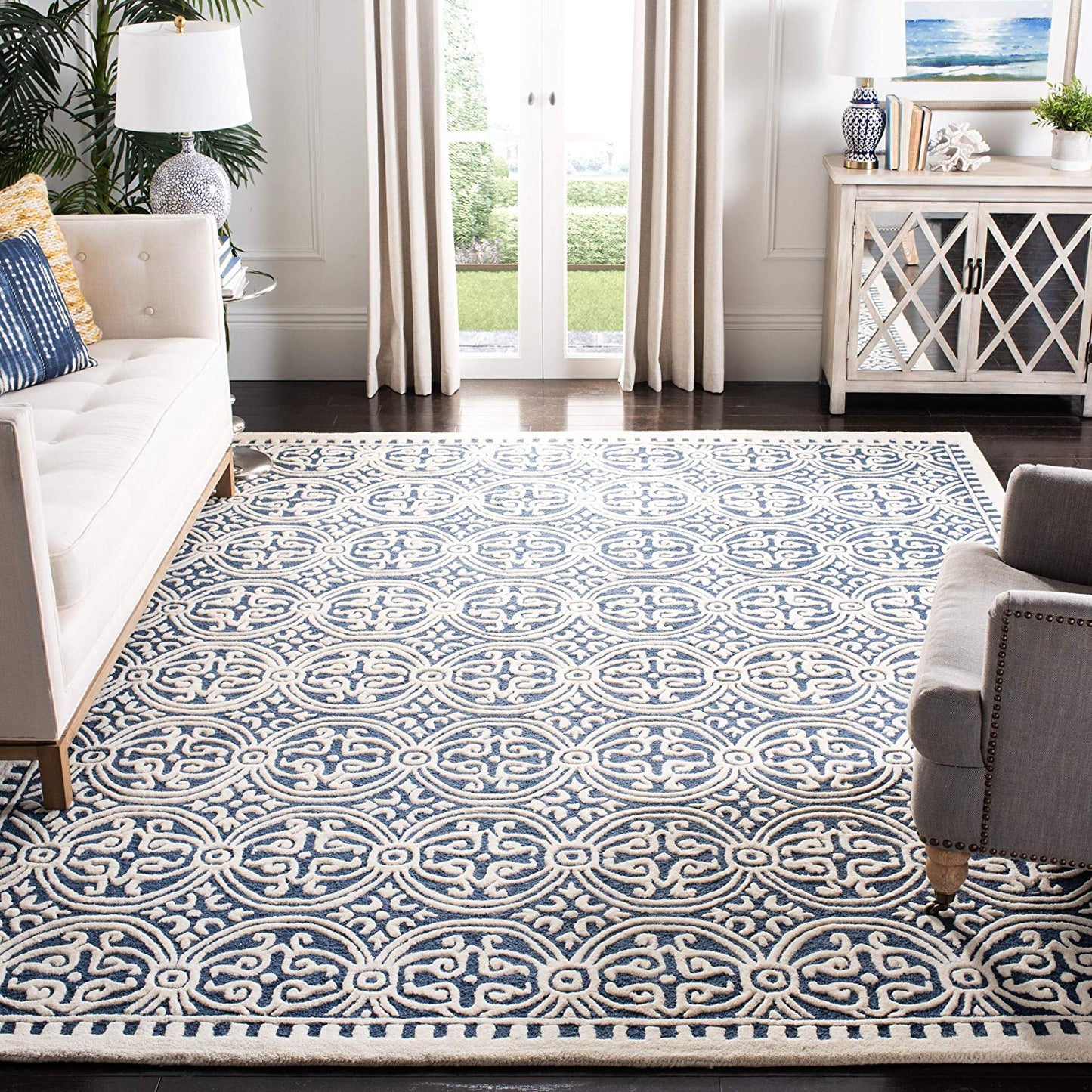 Handcrafted Geometric Navy Blue Ivory Premium Wool Soft Area Rug