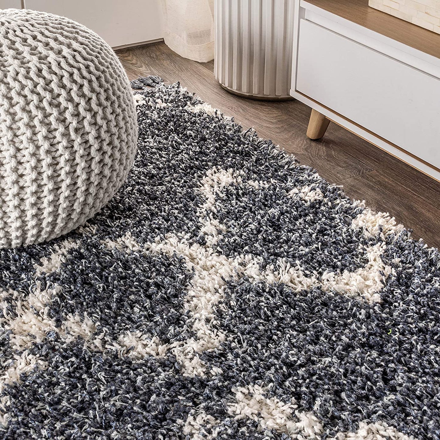 Mercer Plush Tassel Moroccan Tribal Geometric Trellis Denim Blue/Cream Shag Area Rug