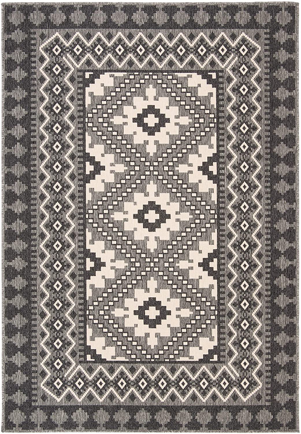 Boho Indoor/ Outdoor Patio Backyard Area Rug, Ivory / Charcoal