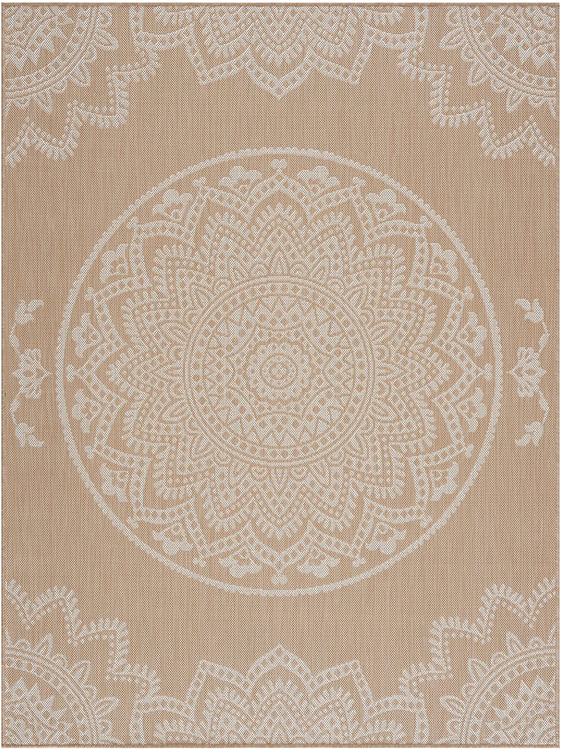 Modern Area Rugs for Indoor Outdoor patios - Medallion - Beige / White