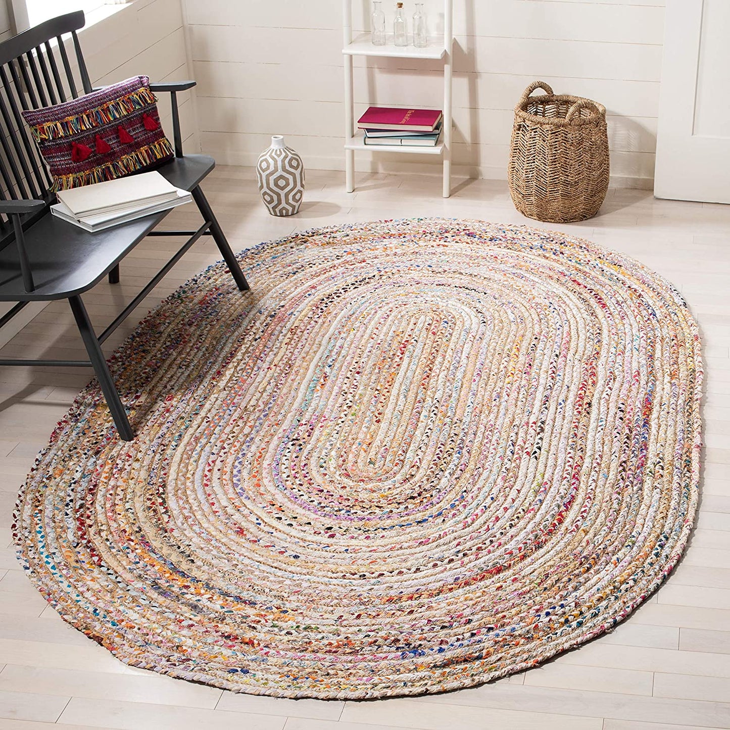 Handmade Boho Braided Jute Cotton Area Rug, Beige / Multi