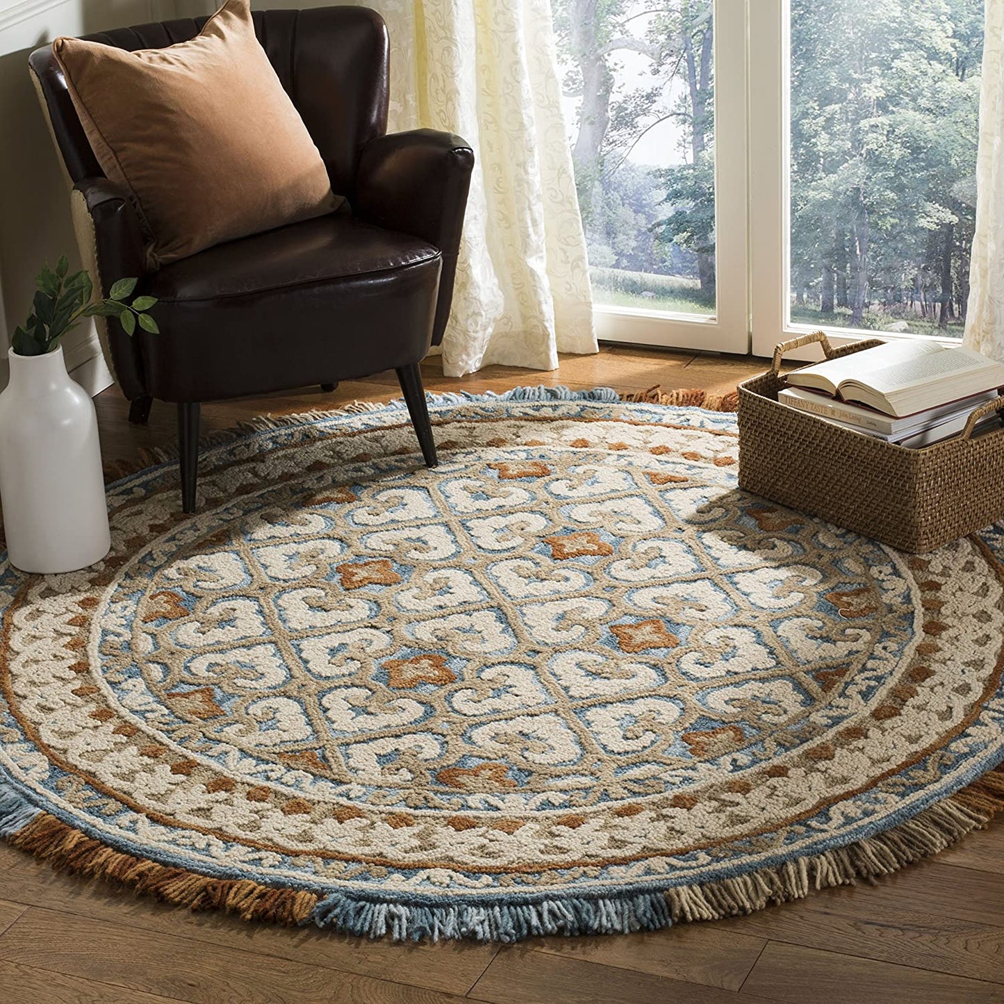Blossom Collection BLM420A Handmade Fringe Premium Wool Area Rug, Light Beige / Blue