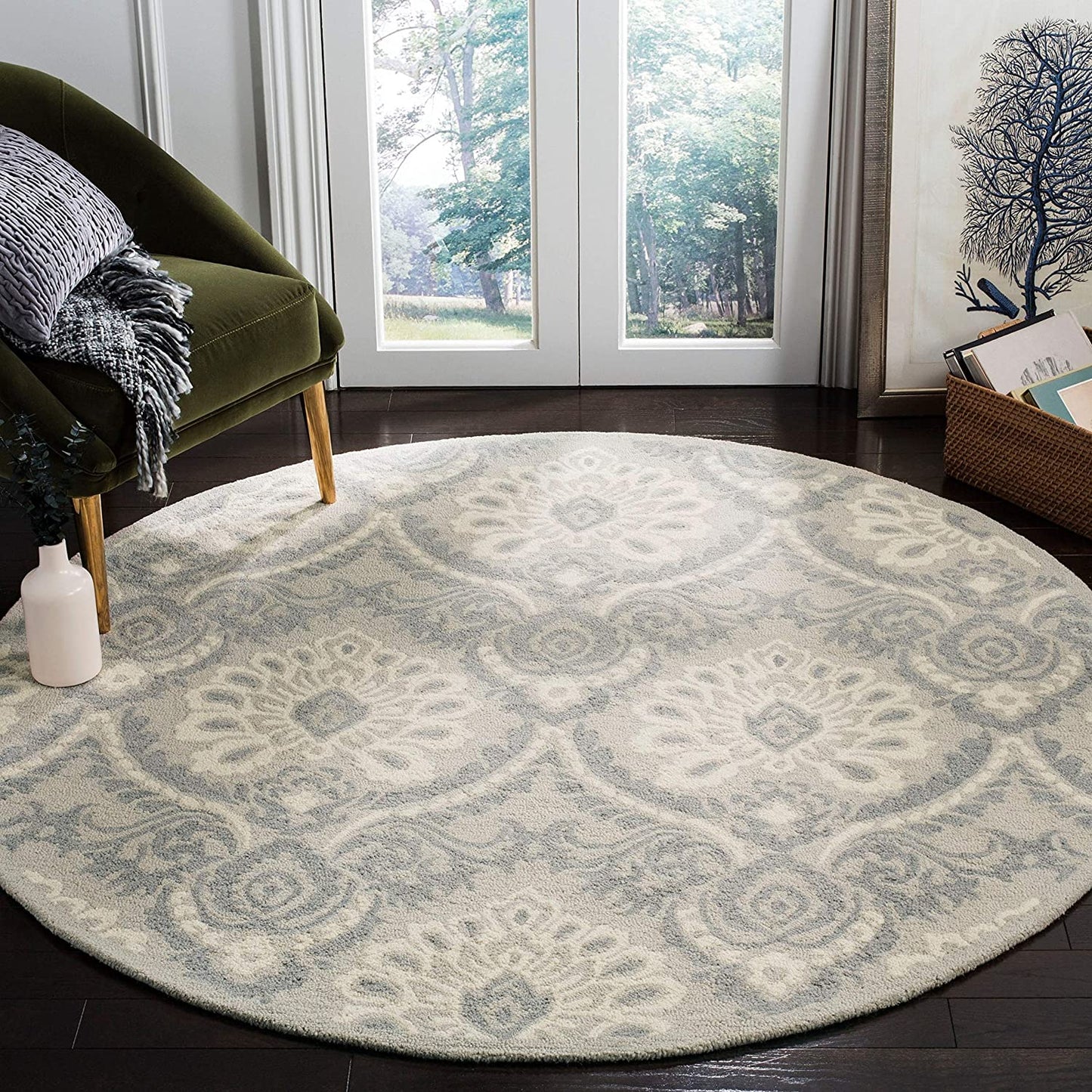 Damask Handmade Premium Wool Area Rug, Light Grey / Ivory