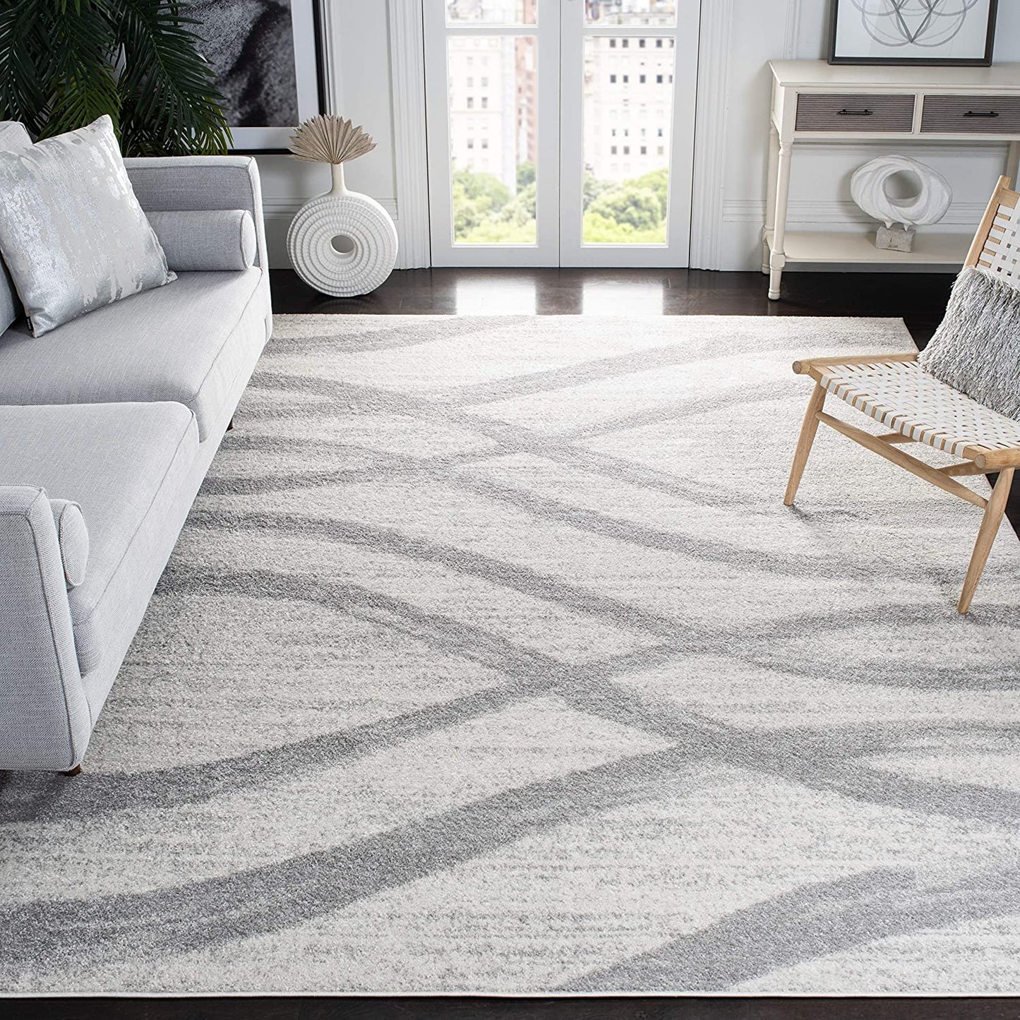 Modern Wave Distressed Soft Area Rug, Cream / Grey