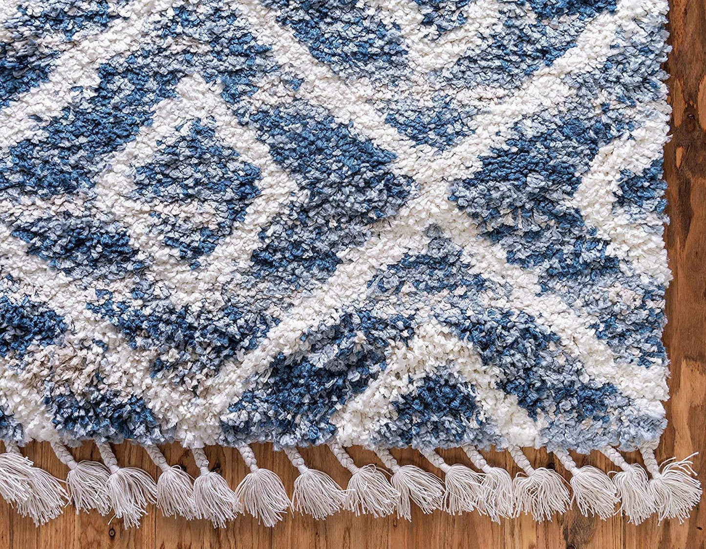 Lattice Tassel Blue Ivory Beige Plush Shag Area Rugs