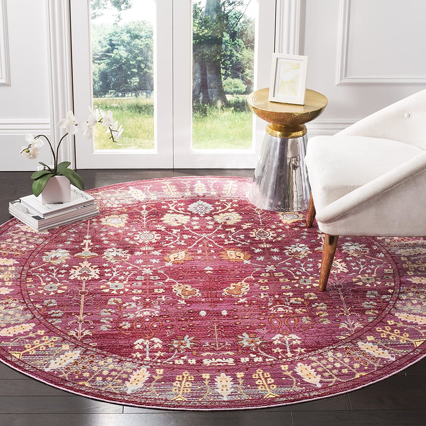 Boho Chic Distressed Area Rug, Fuchsia / Multi