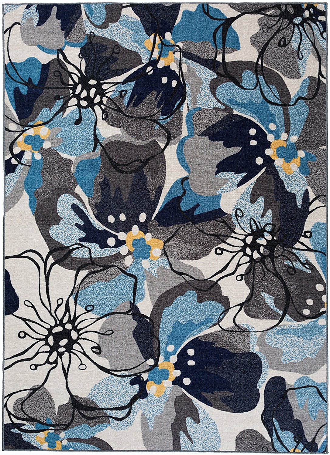 Blue Gray Ivory Floral Area Rug Non Slip/ No Skid - Low Pile