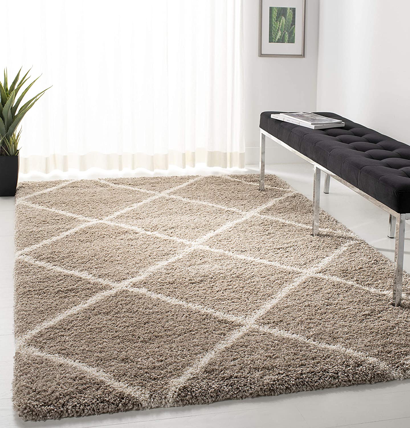 Diamond Trellis Beige/Ivory Soft Plush Shag Area Rug 2-inch Thick
