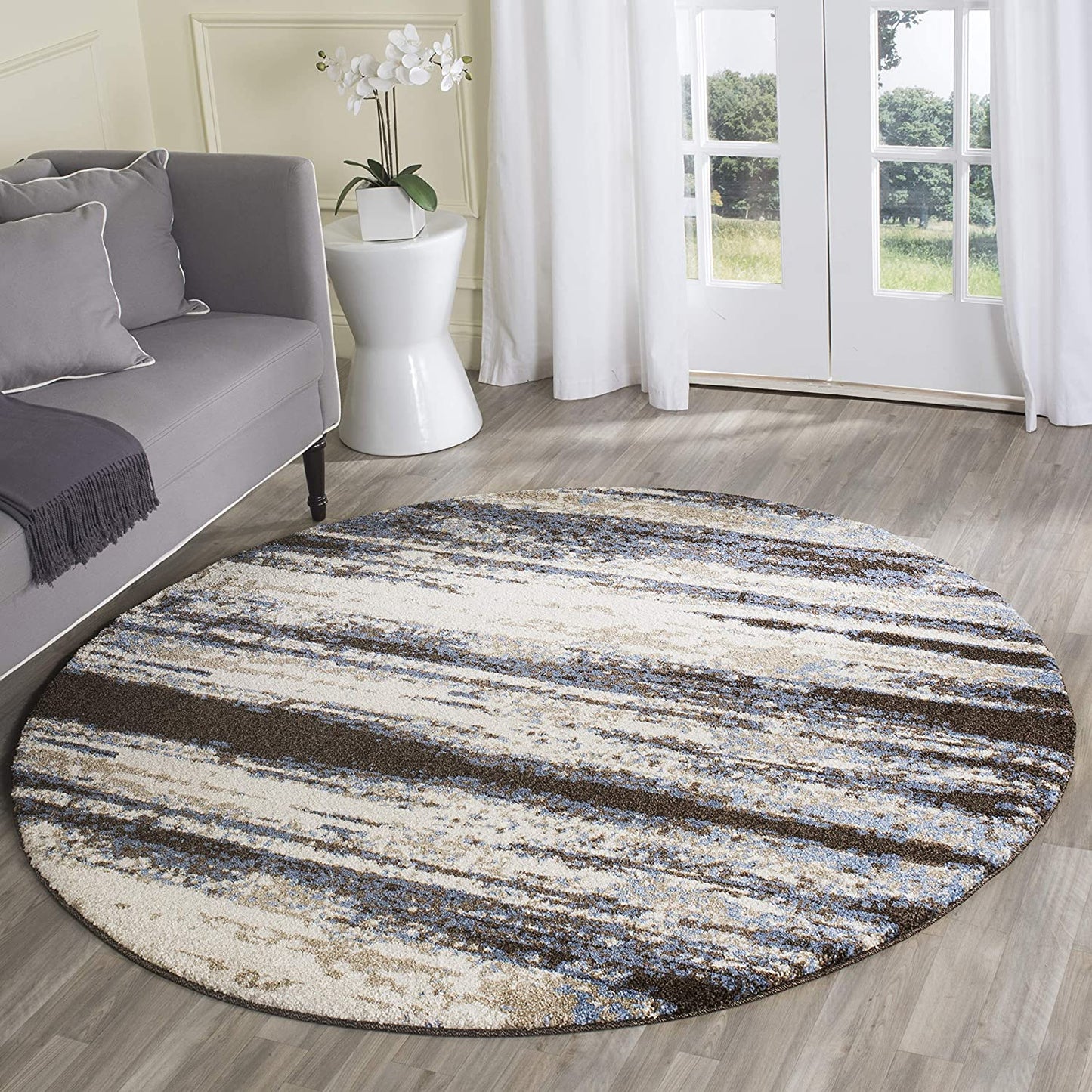 Cream and Blue Modern Abstract Area Rug